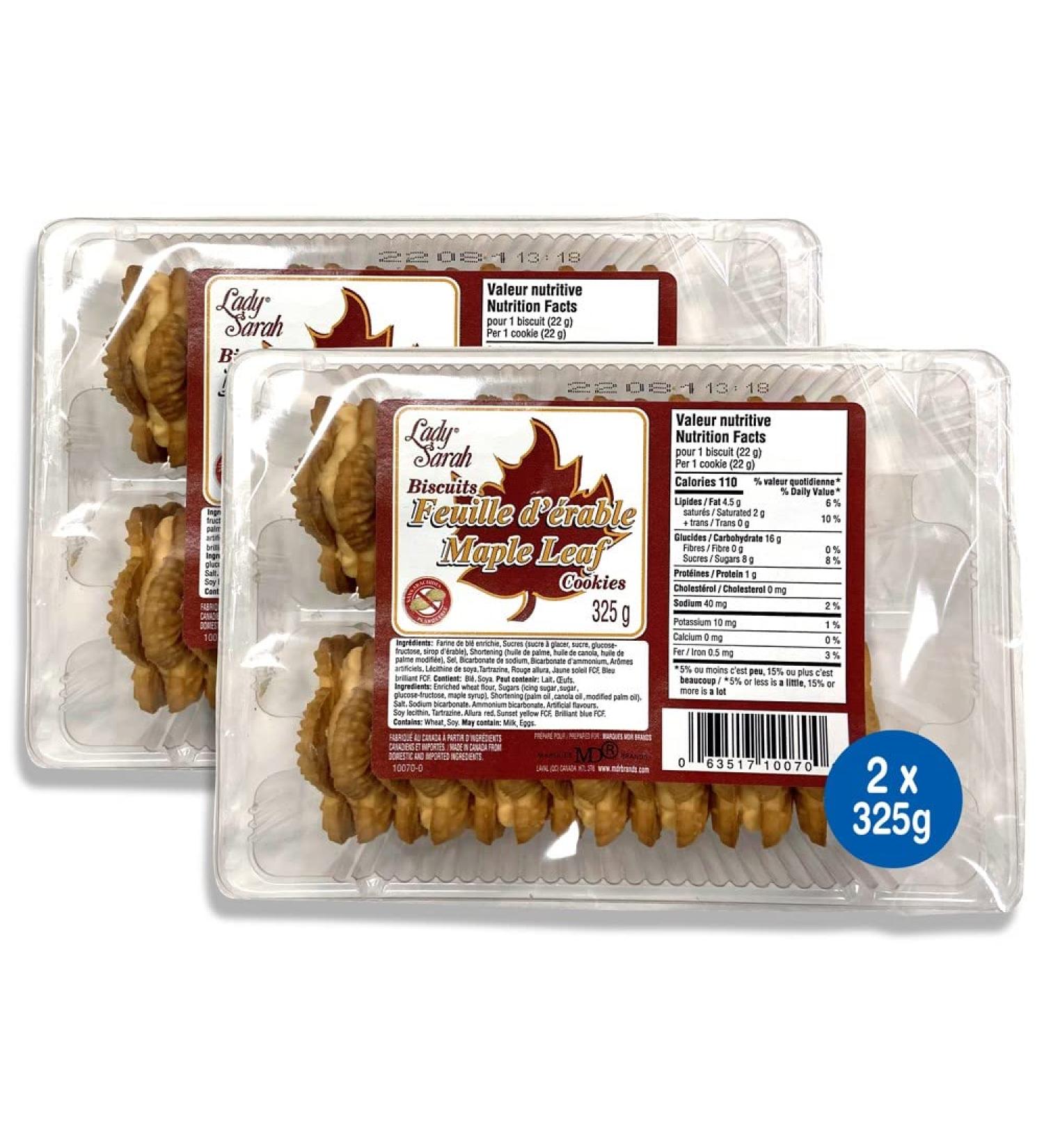 Lady Sarah Maple Leaf Cookies - Maple Cream Cookie Made with Maple Syrup - Peanut Free - Canada Souvenirs & Gifts - 2 Packs of 325G 650 grams. 325g (Pack of 2)