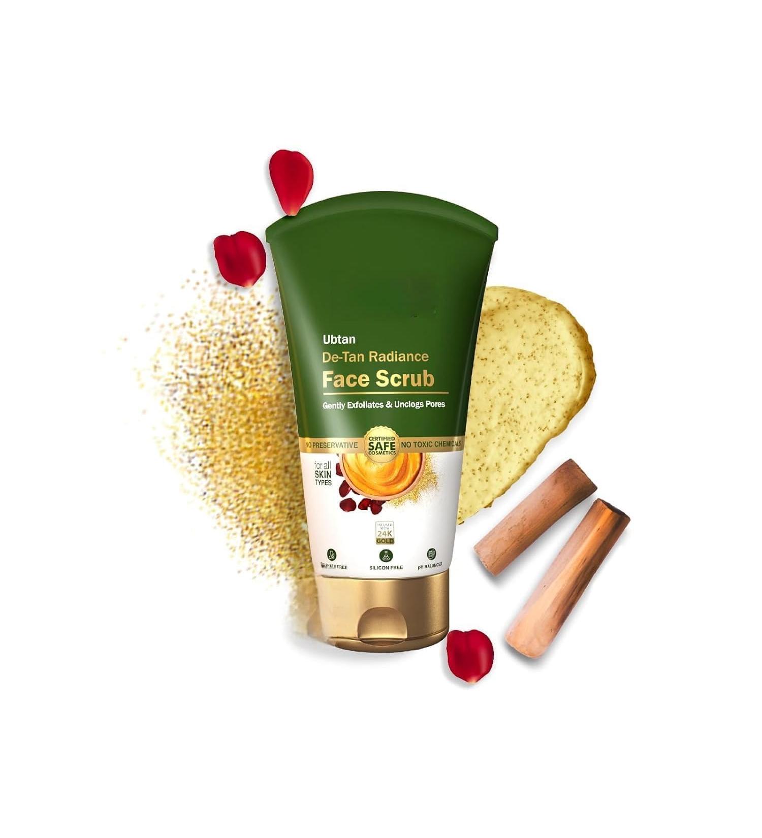 AM Ubtan De-Tan Radiance Face Scrub With 24K Gold For Gentle Exfoliation Unclogs Pores Glowing & Rejuvenated Skin Anti-Tan No Silicon Sulphates Comedogenic & Preservatives 100g - Buy Online on GoSupps.com