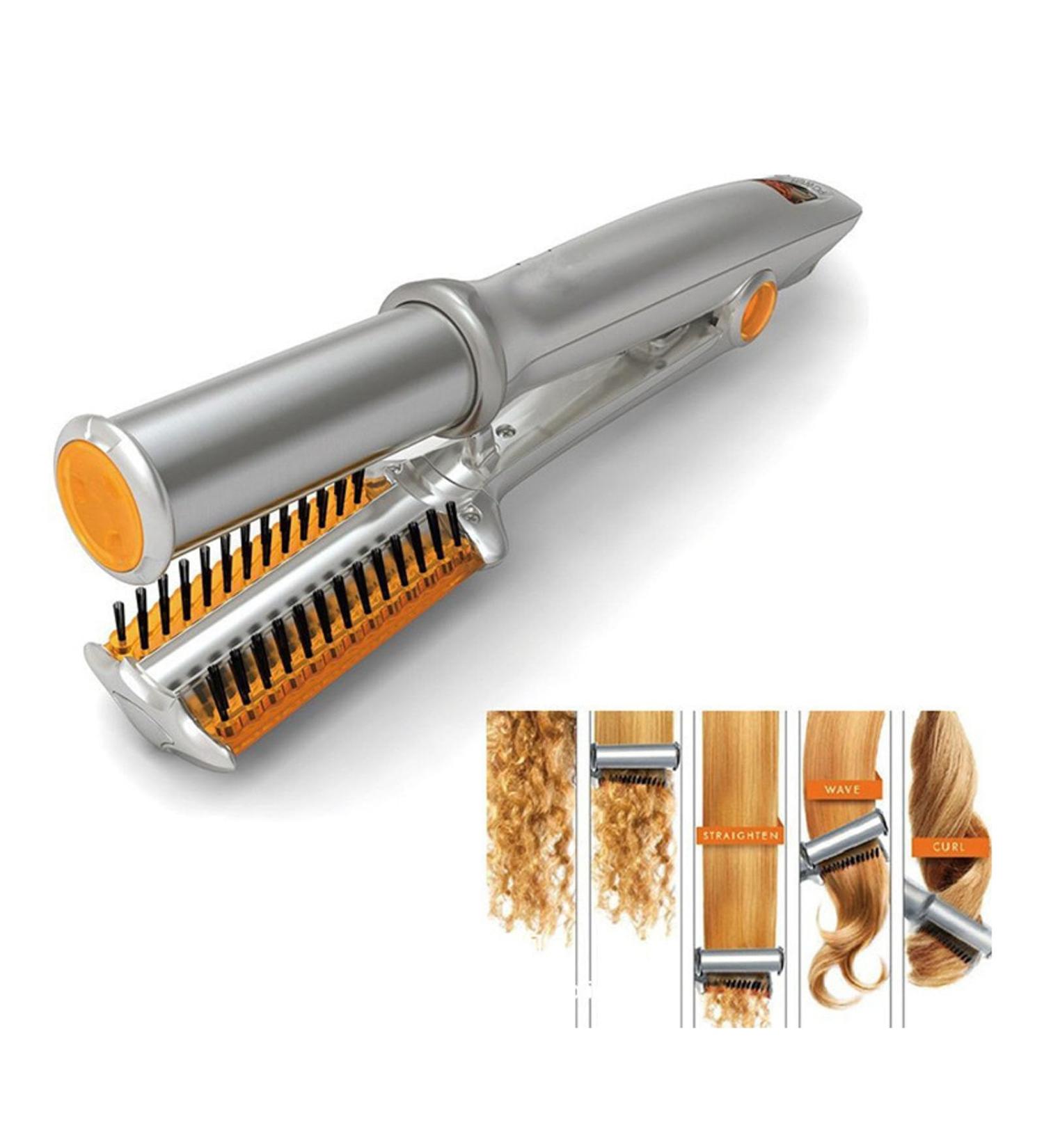 2 in 1 Rotating Curling Iron & Straightener - Fast Heat Professional Hot Brush Styler for All Hair Types - Buy Online on GoSupps.com
