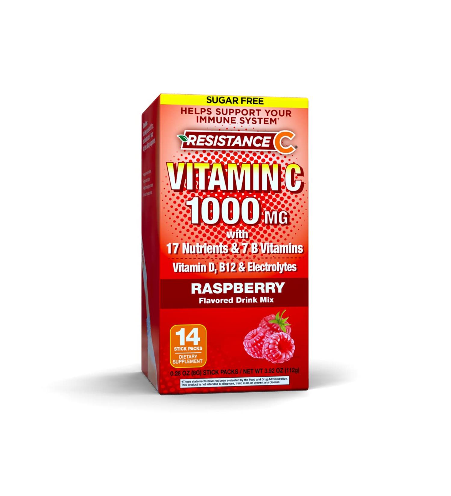 Resistance C Vitamin Stick Packs - Immune Support with 16 Nutrients, 7 B Vitamins, Antioxidants, Electrolytes - Raspberry Flavor - 14 Stick Packs - Buy Online on GoSupps.com