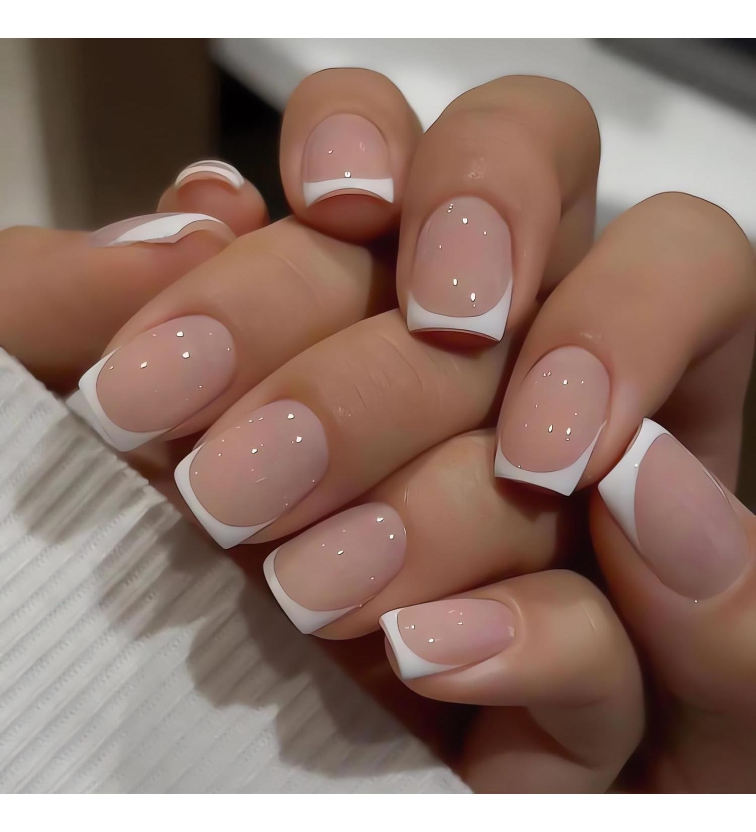 Short Square Press on Nails - French Tip Full Cover Acrylic Fake Nails - 24Pcs Exquisite Design Manicure Tips for Women & Men - Buy Online on GoSupps.com