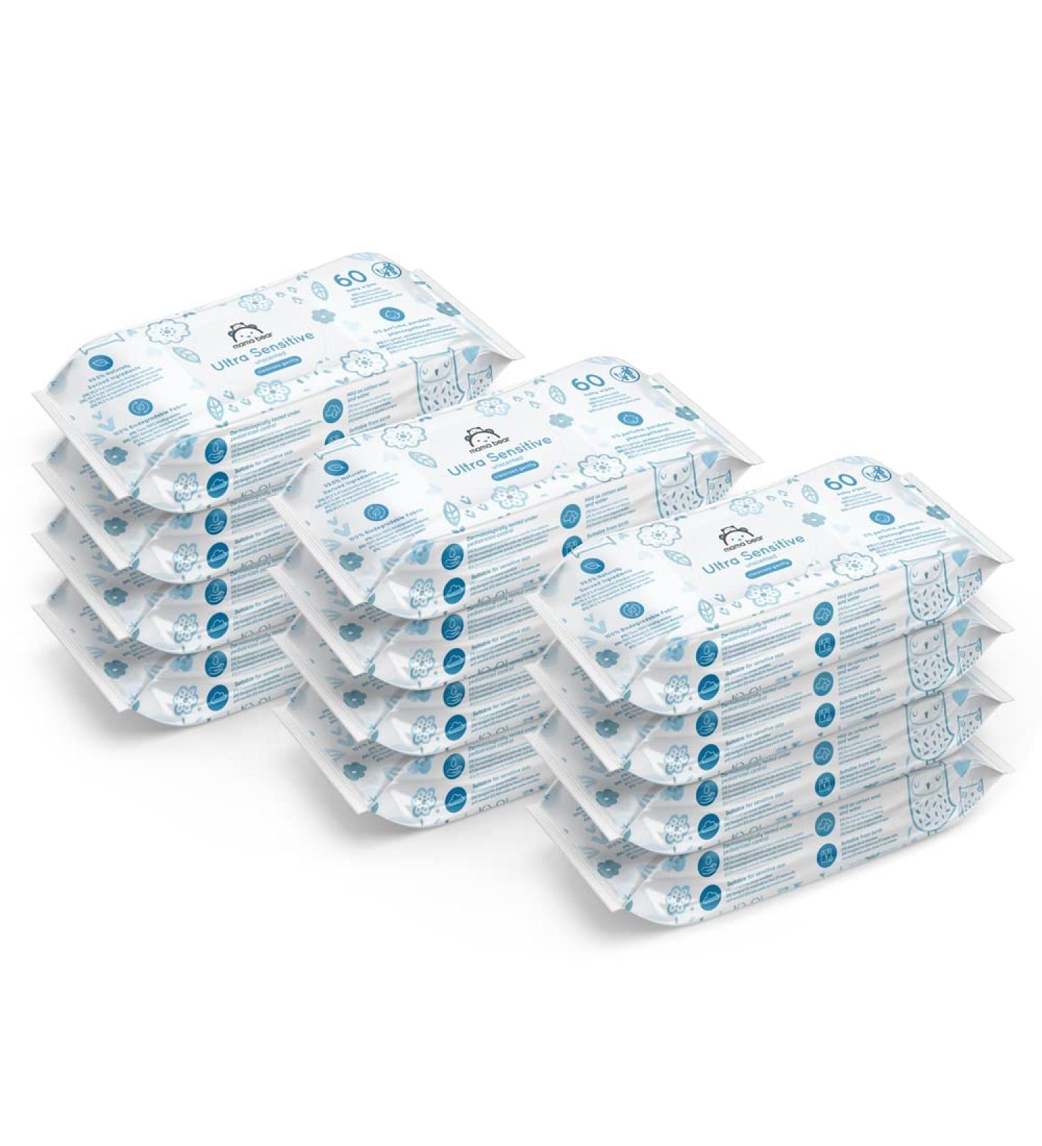 Mama Bear Ultra Sensitive Baby Wet Wipes - 720 Biodegradable Wipes (12 Packs of 60) - Amazon Brand - International Shipping Available - Buy Online on GoSupps.com