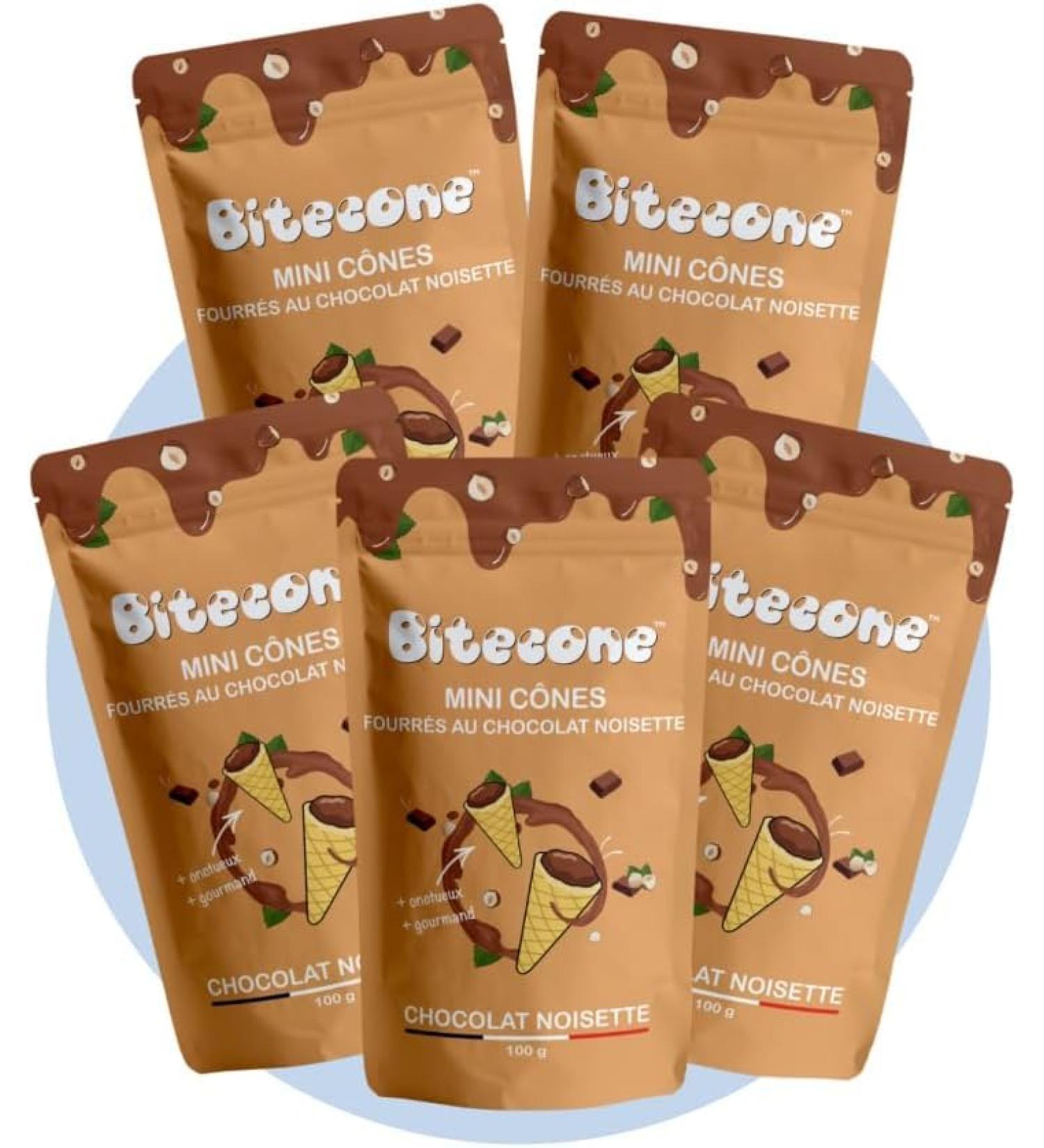 BITECONE - Ice Cream Cone | Mini Filled Cones | Pack of 5 Bags | 100% French Brand | Made in Brittany | Snacks with Sustainable Cocoa | Palm Oil Free | 500g (Chocolate Hazelnut) - Buy Online on GoSupps.com