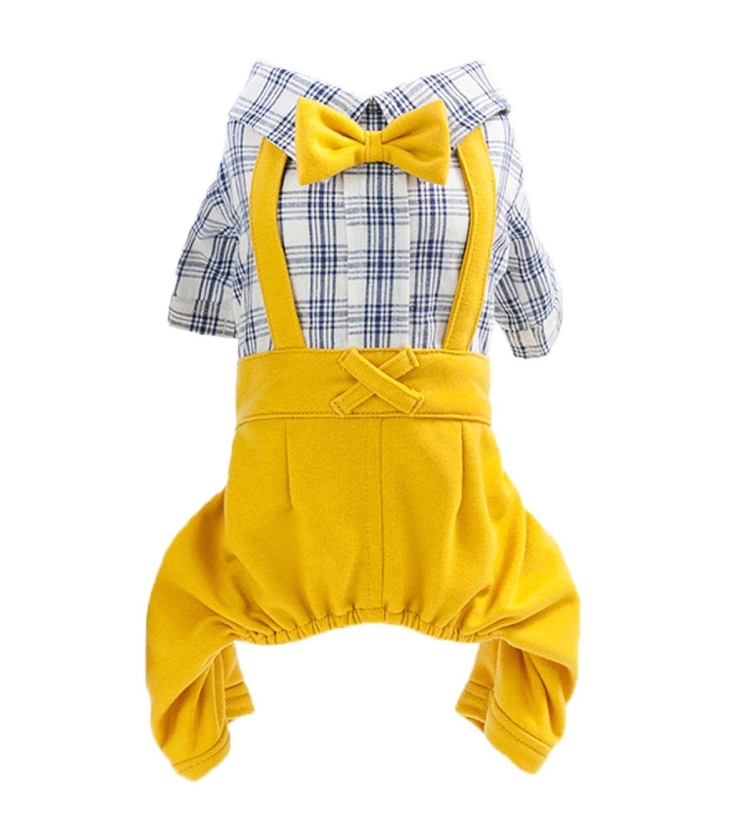 Striped Onesies Dog Shirt in Yellow | Pet Plaid Overalls Apparel | Small Dog Costume with Bowtie - X-Small - Buy Online on GoSupps.com