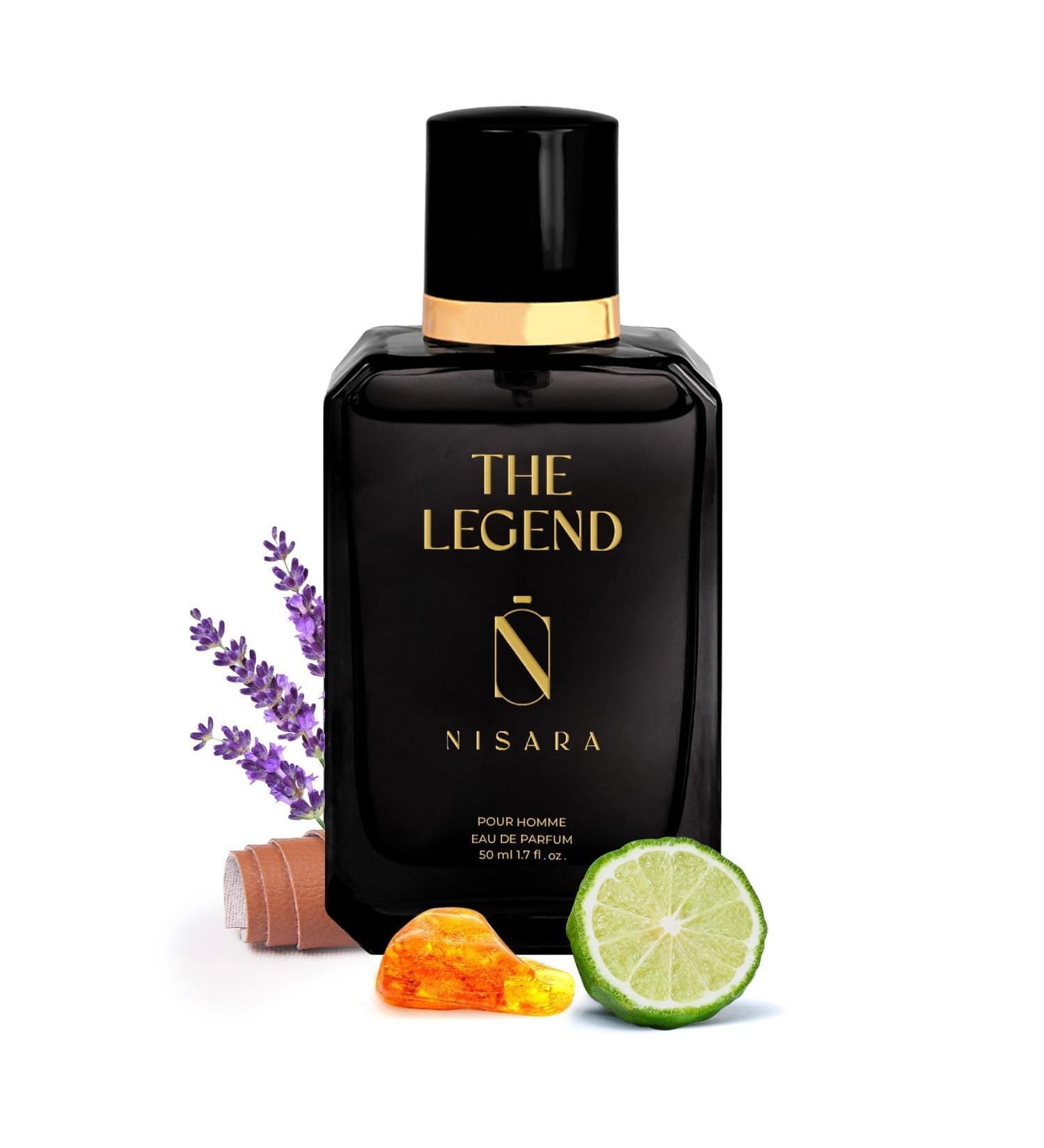 Nisara The Legend Perfume For Men - 50 ml | Long Lasting Eau De Parfum | Premium Perfume | Fresh Spicy Fragrance | With Bergamot Pink Pepper Lavender Leather Vetiver & Amber | EDP Scent for men - Buy Online on GoSupps.com