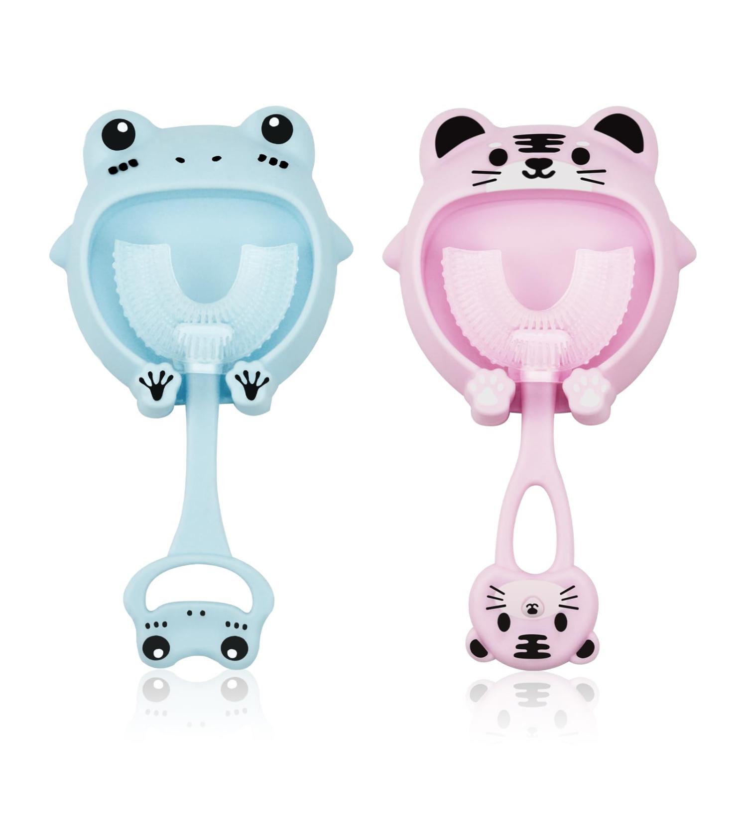 U-Shaped Toothbrush for Kids - Food-Safe Soft Silicone 360 Whole Mouth Clean Manual Training 2-Pack (Blue & Pink) - Perfect for Toddlers Aged 2-6 - Buy Online on GoSupps.com