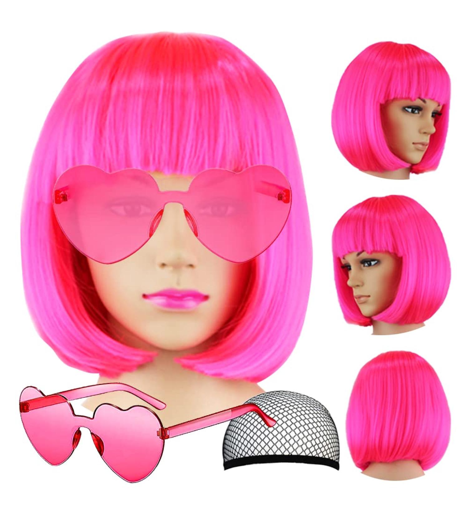 LIULIUBTY Short Bob Neon Wig with Flat Bangs - 14 Synthetic Colorful Cosplay Daily Party Hair + Free Wig Cap - Pink - Buy Online on GoSupps.com