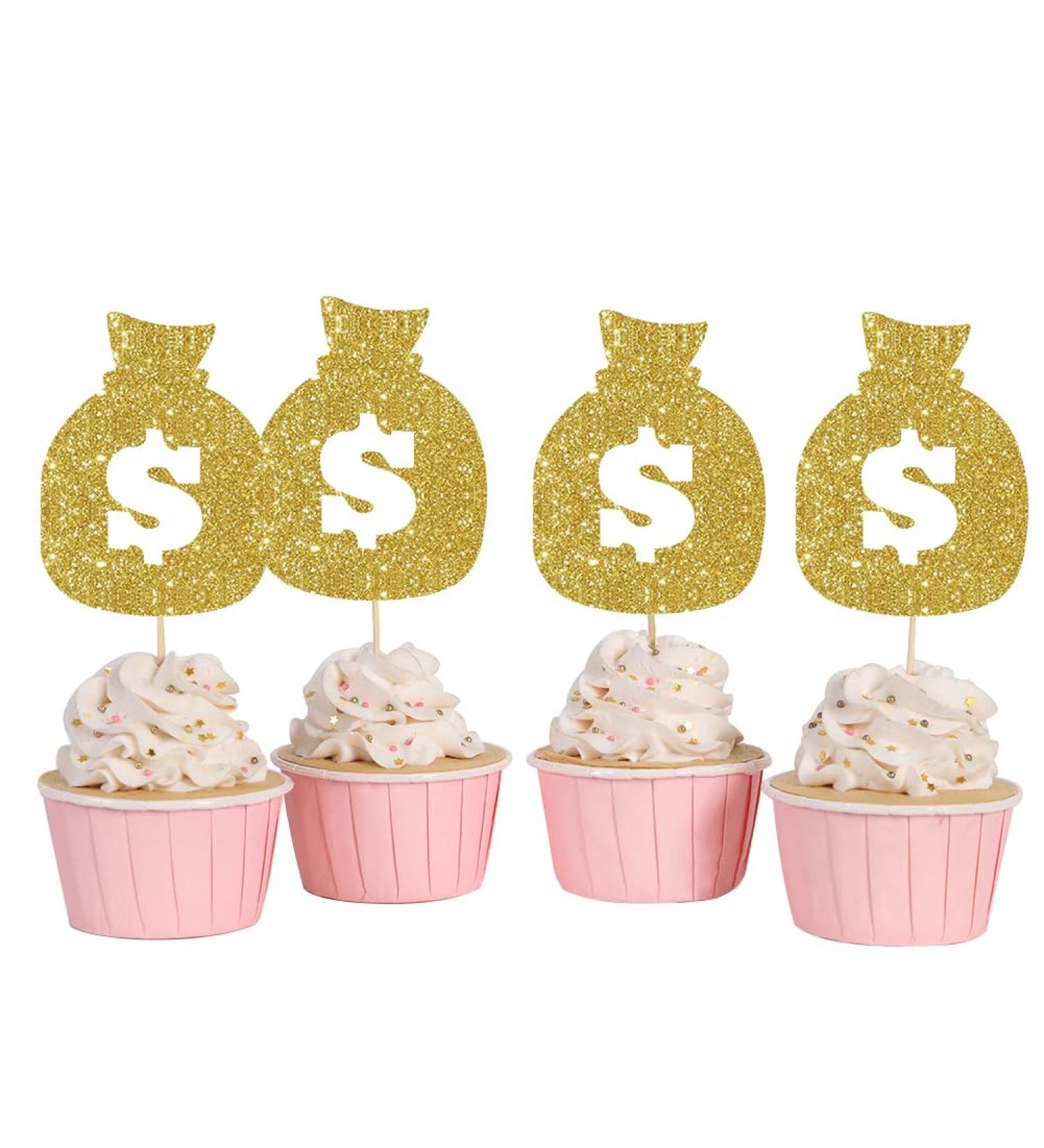 Money Bag Cupcake Toppers 12pcs Dollar Sign Cupcake Toppers American Dollar for Casino Wedding Birthday Festival Party Decoration Gold Glitter Casino Party Decor. - Buy Online on GoSupps.com