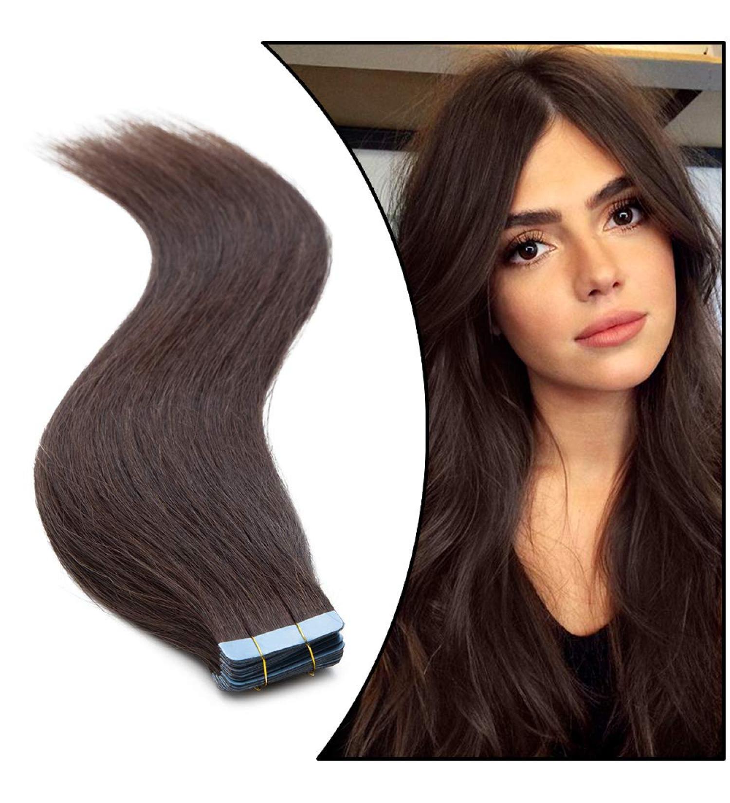Elailite Tape in Hair Extensions - Real Hair Adhesive 20 Pieces 55cm 50g #02 Dark Brown - Buy Online on GoSupps.com