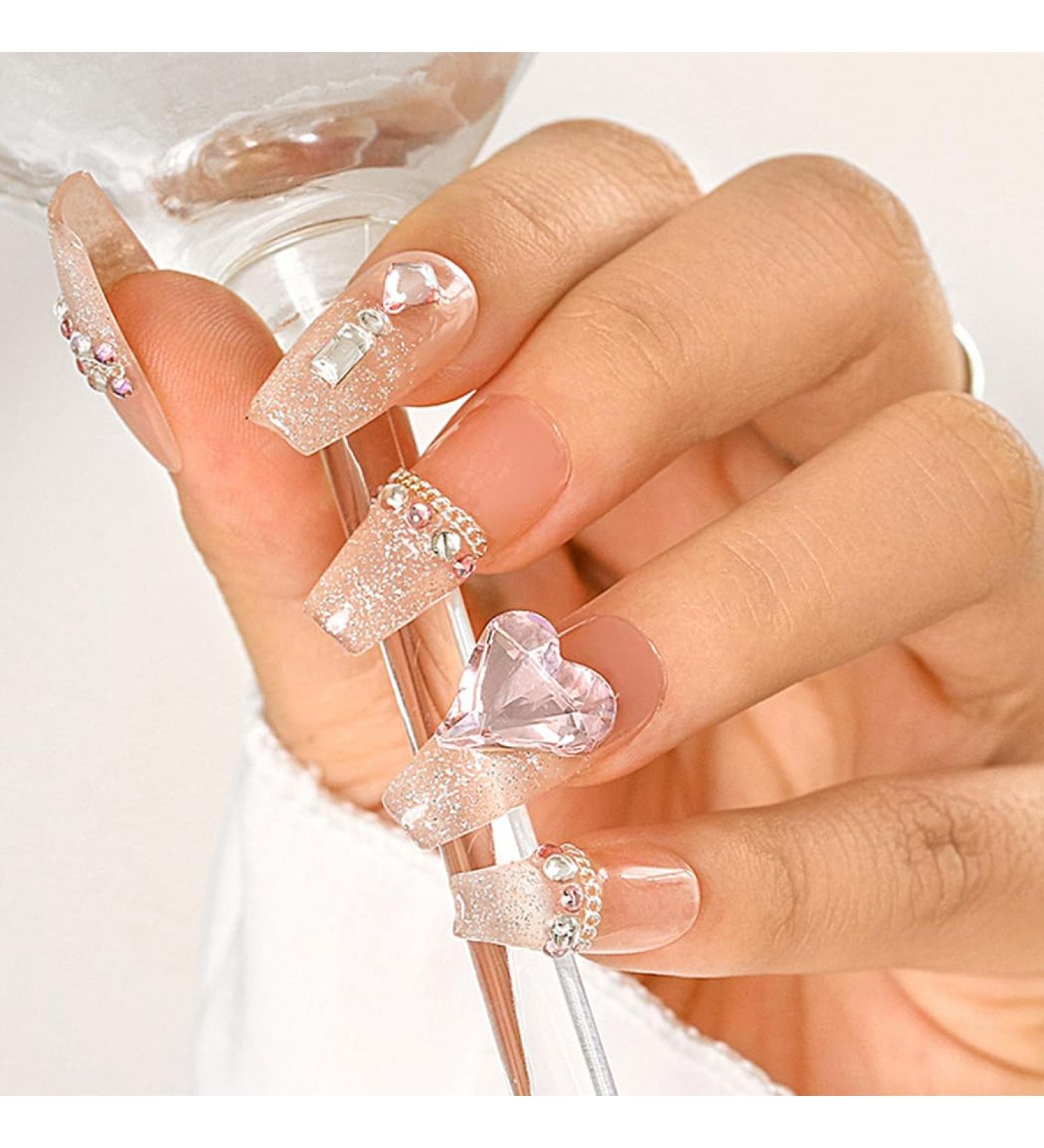 Sethexy Handmade Long Coffin False Nails - Luxury Rhinestones & Glitter 3D Crystal Love Heart Press-On Acrylic Nails for Women & Girls - Buy Online on GoSupps.com