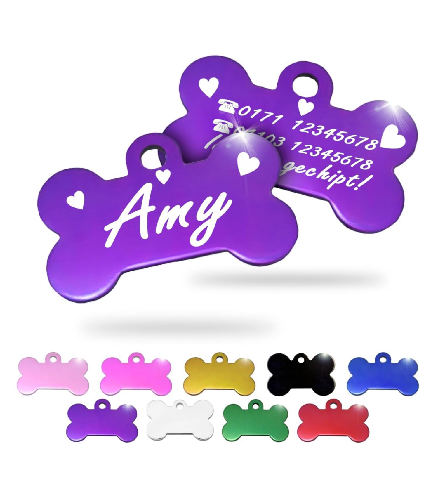 Personalized Bone-Shaped Pendants for Dogs & Cats | Ibera Gifts - Custom Engraved Collars in Purple & Heart Designs - Buy Online on GoSupps.com