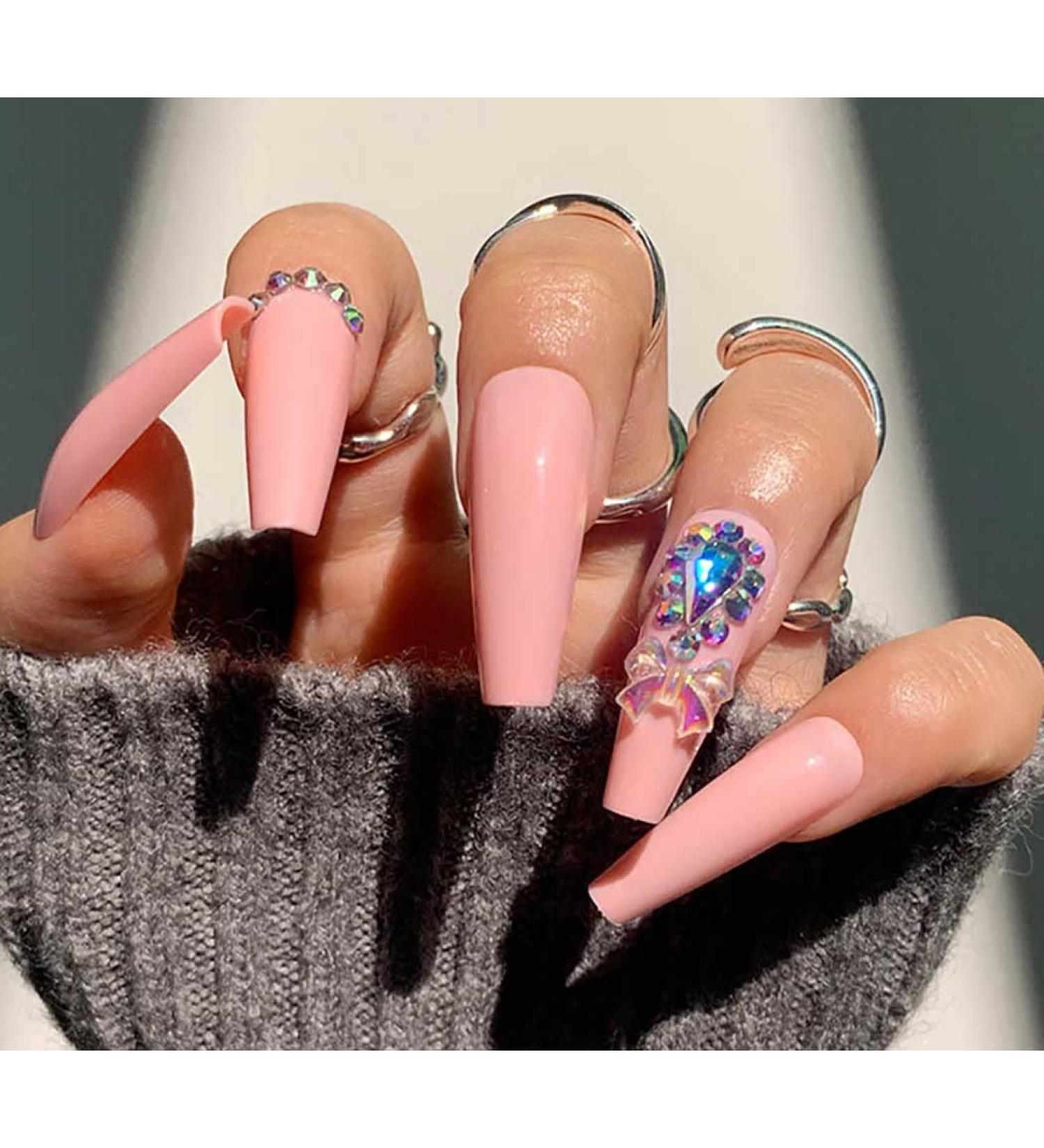 Vatocu Shiny Pink Artificial Nails - Long Press-On Acrylic Nails for Women & Girls | 24-Piece Set - Buy Online on GoSupps.com