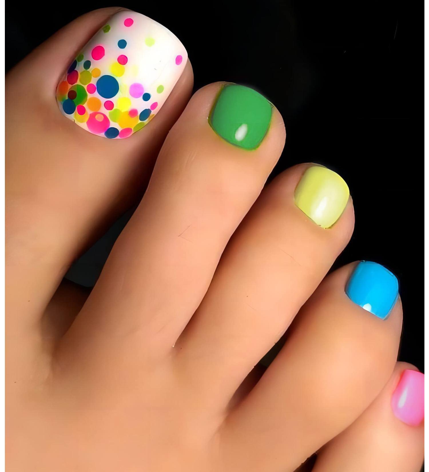Morily Fake Toe Nails Short Square - White Colorful Press On Toenails | 28Pcs Glossy Acrylic Toenail Kit for Women - Summer Dots - Buy Online on GoSupps.com