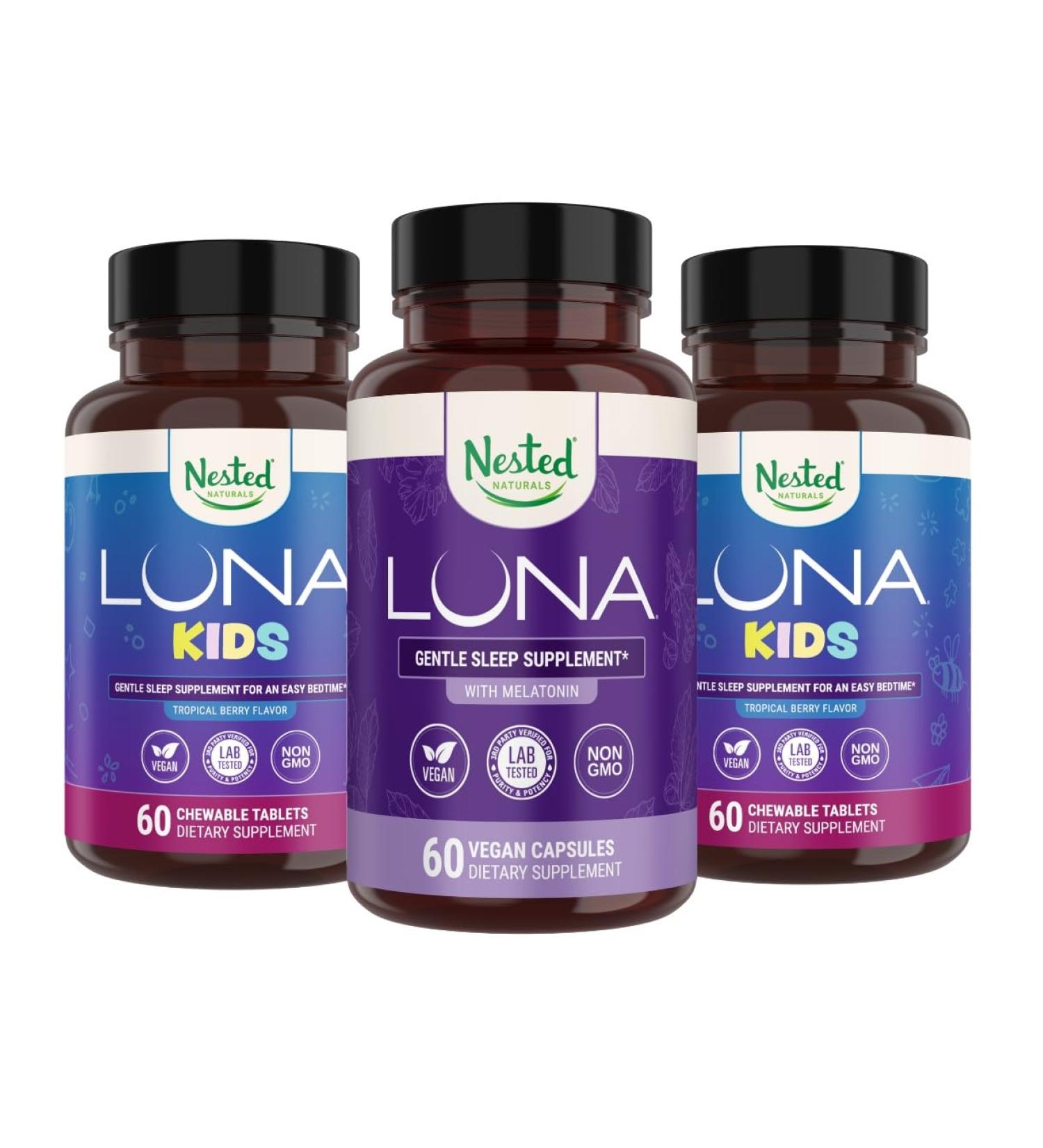 Nested Naturals Luna Kids Sleep Supplement (60 Chewable Tablets) & Luna Natural Sleep Aid (60 Vegan Capsules) - Buy Online on GoSupps.com
