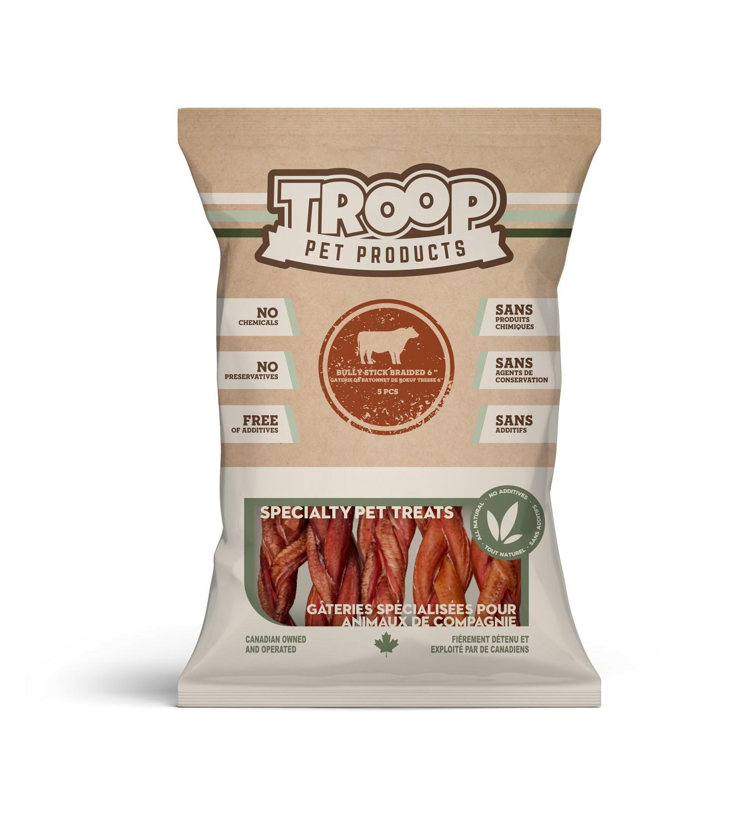 Troop Pet Products Beef Braided Bully Stick Natural Single Ingredient Dehydrated Dog chew 5-inch (Pack of 5) 29.94 g (Pack of 5) - Buy Online on GoSupps.com