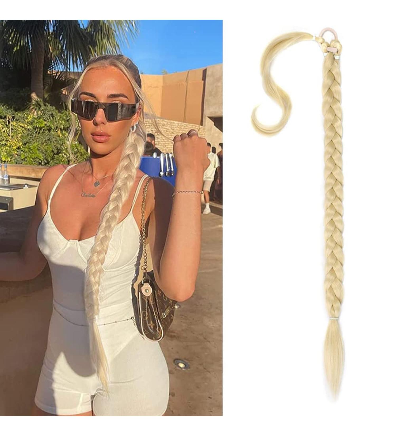 QKEPCY Braid Ponytail Extension 80cm/31'' DIY Long Hair Extensions Straight Wrap Around Ponytail Hair Extensions Fluffy Braiding Hairpiece Natural Soft Synthetic Hair Piece for Women Daily Wear Bleach Blonde - Buy Online on GoSupps.com