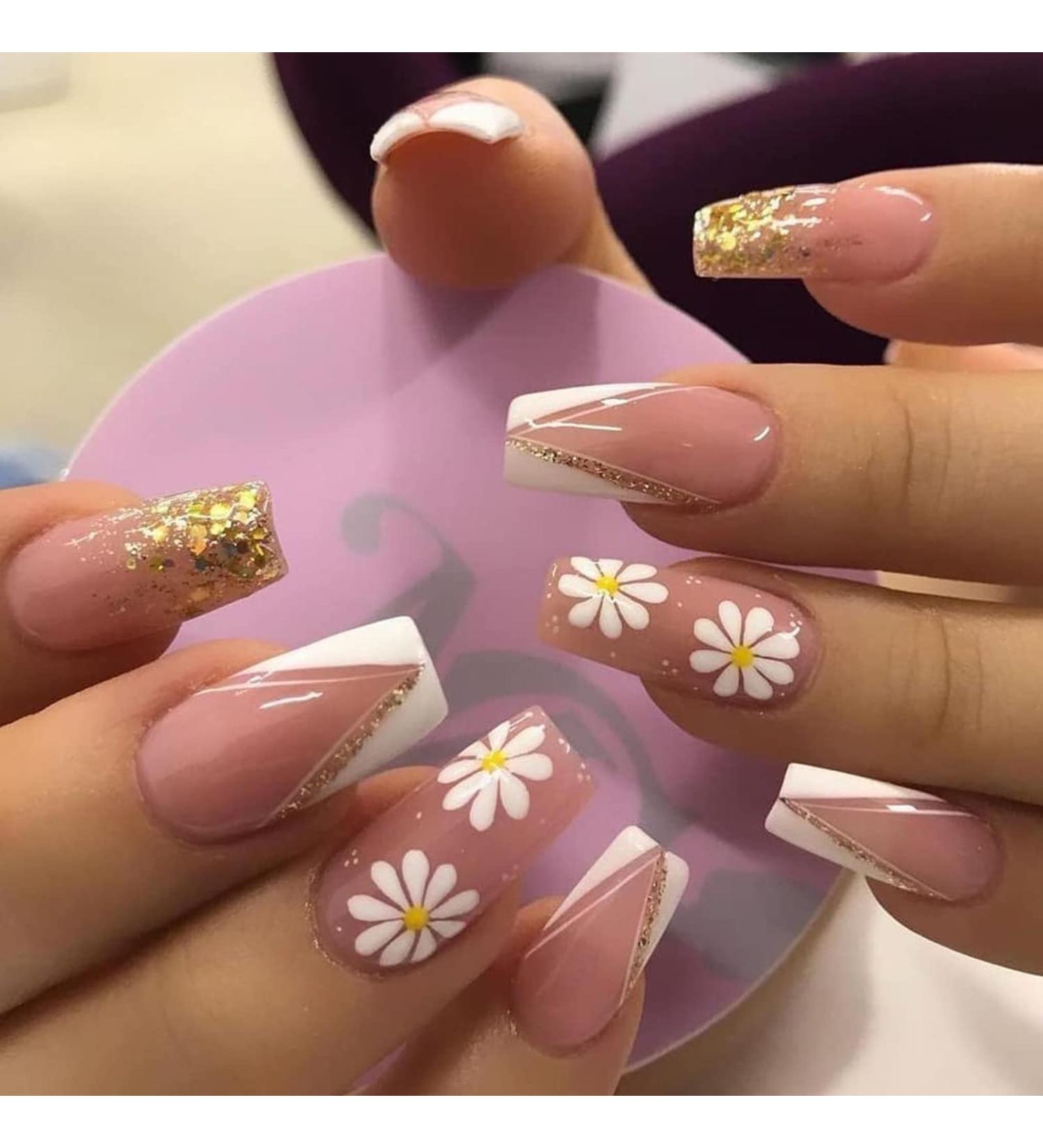 Justotry 24 Pcs Floral Fake Nails - Long White French Press on Nails with Gold Foil Patterns | Ballerina Stick on Nails for Women | Acrylic Medium Coffin False Nails with Glue for Nail Art - Buy Online on GoSupps.com