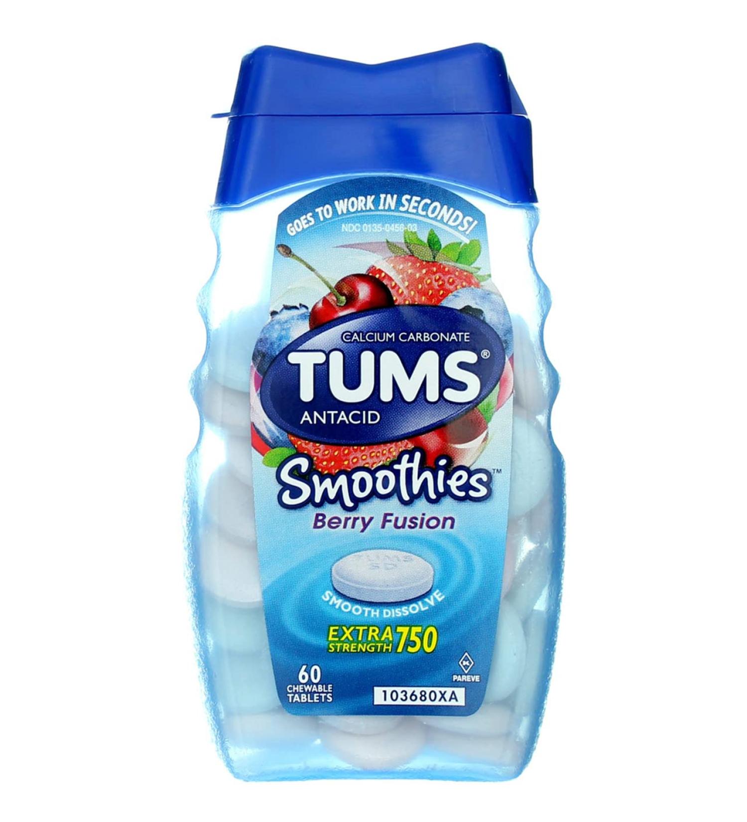 TUMS Extra Strength Smoothies Berry Fusion 750 mg Antacid Tablets - 60 Ct (Pack of 1) - Buy Online on GoSupps.com