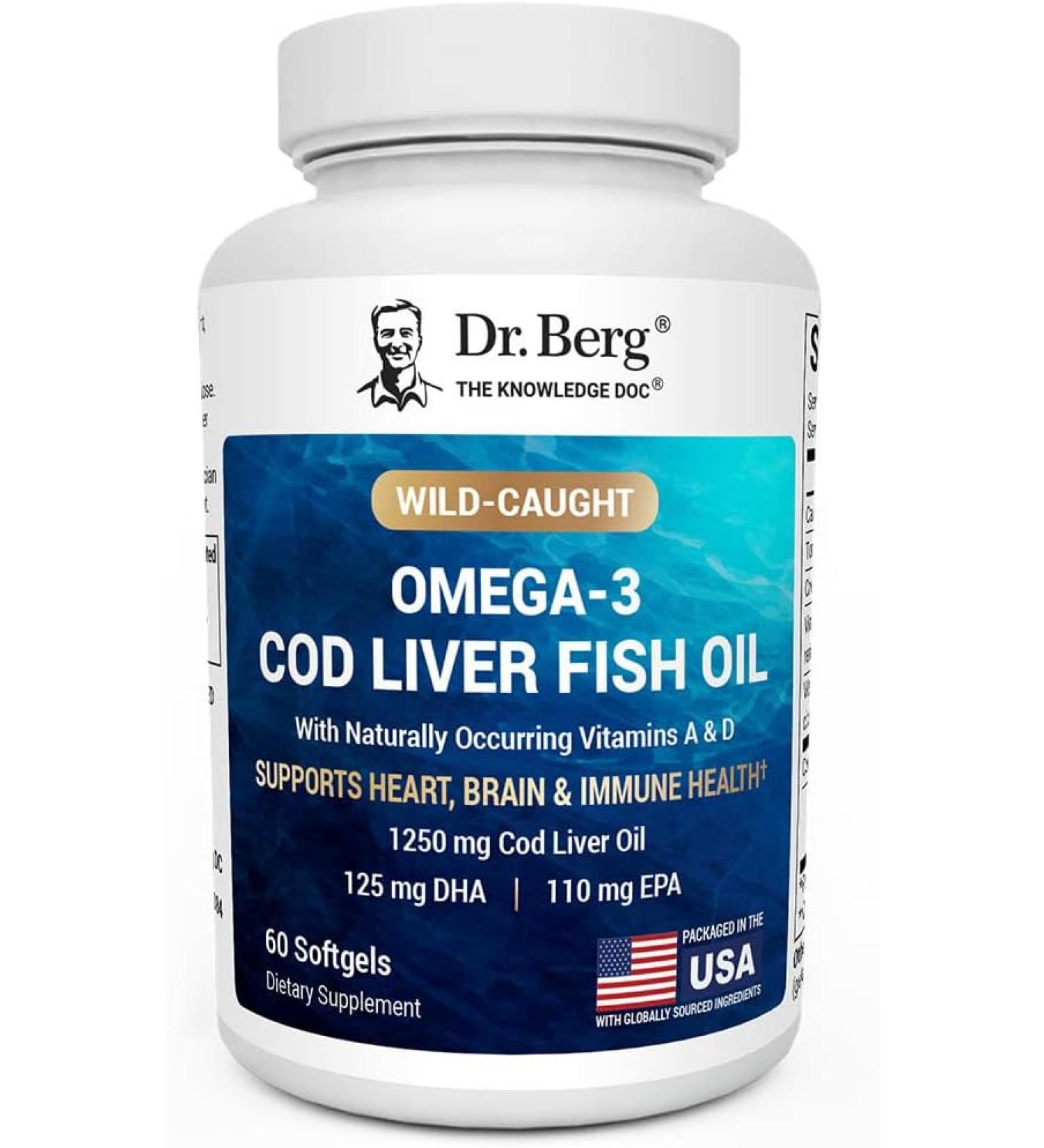 Dr. Berg Omega 3 Cod Liver Fish Oil 1250 mg from Wild Caught Cod for Women & Men EPA DHA atty Acid Supplement 60 Softgels - Buy Online on GoSupps.com