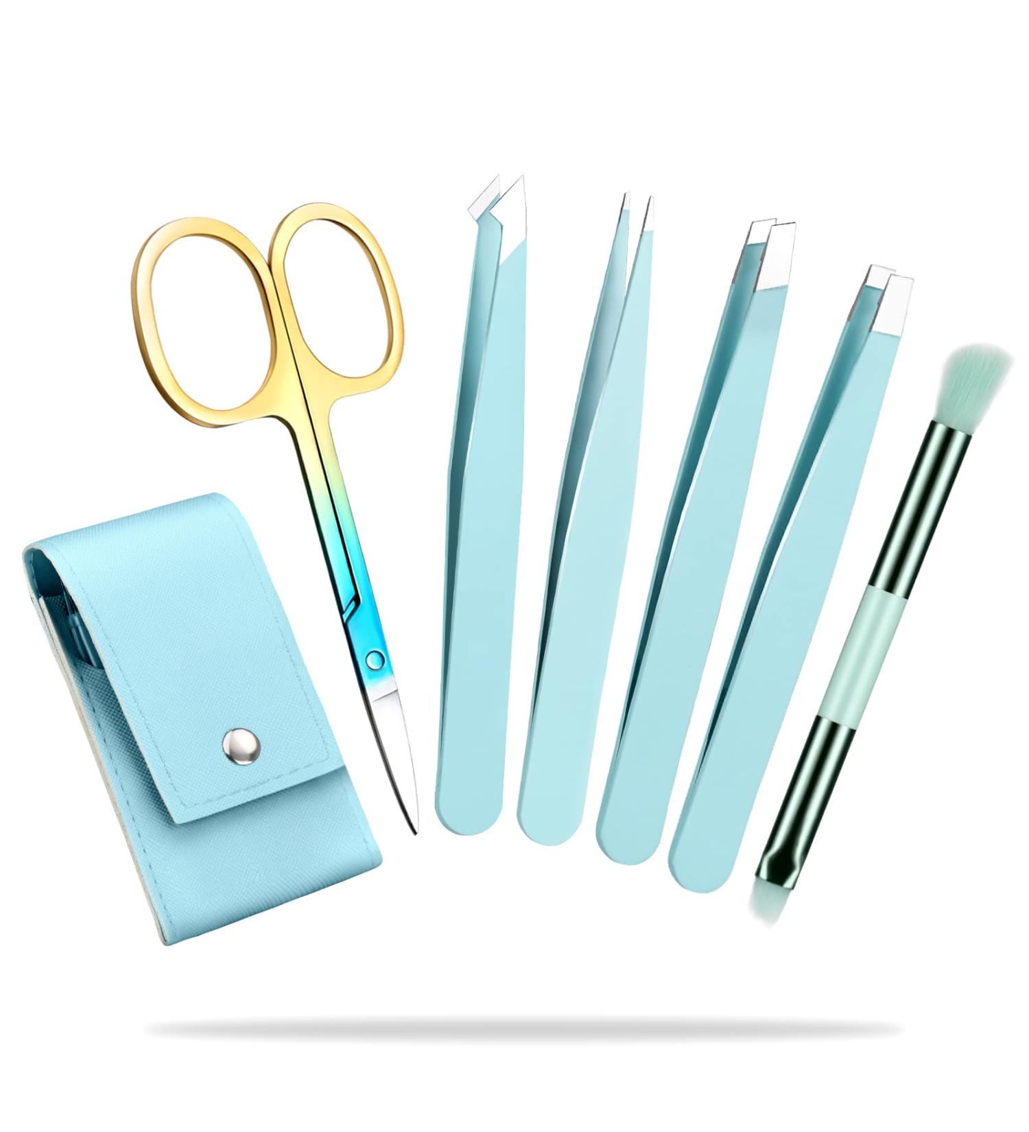 6 Pcs Professional Eyebrow Tweezers Set with Leather Case | Women's Facial Hair Grooming Kit | Curved Scissor for Ingrown Hair | 6 in 1 - Buy Online on GoSupps.com