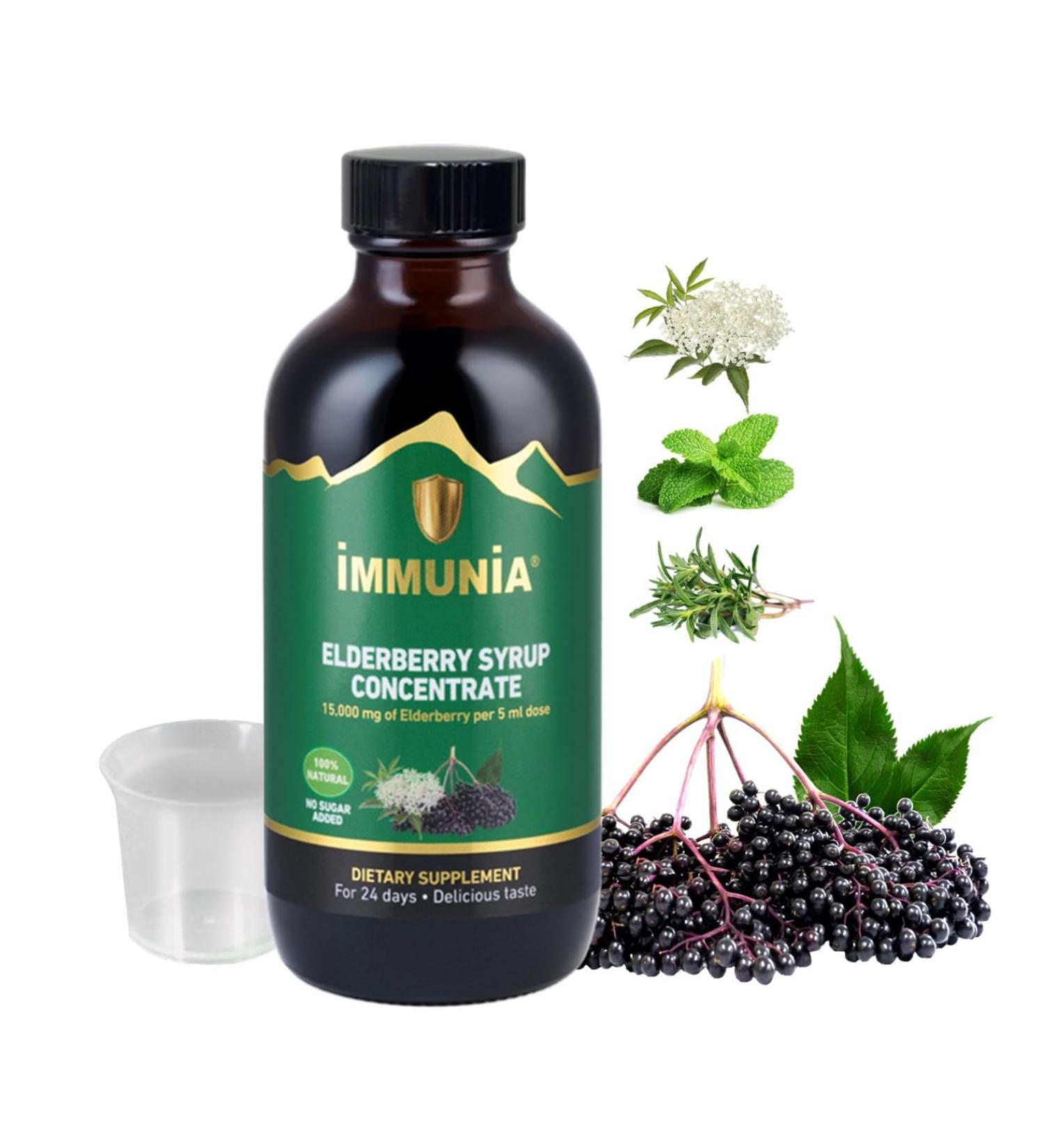Immunia Elderberry Syrup Helps Strengthen The Immune System. Elderberry Concentrate with Elderflower Thyme and Peppermint. No Sugar Added. Delicious Taste. 24 Days/Bottle. (1-Pack) 1 Count (Pack of 1) - Buy Online on GoSupps.com