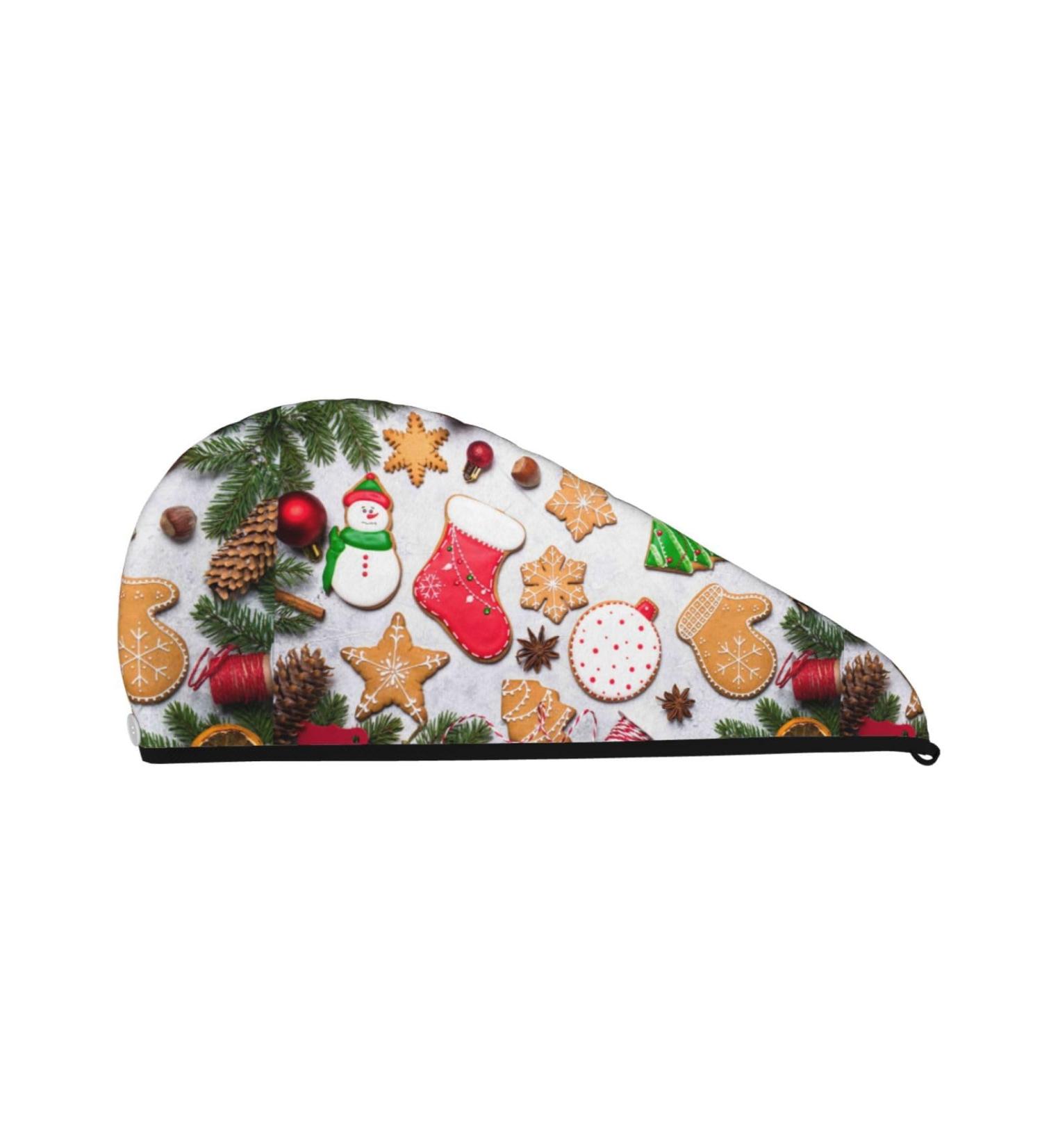 Hair Towel Wrap | Quick Dry Hair Turban with Button | Christmas Gingerbread Cookies Design - Buy Online on GoSupps.com