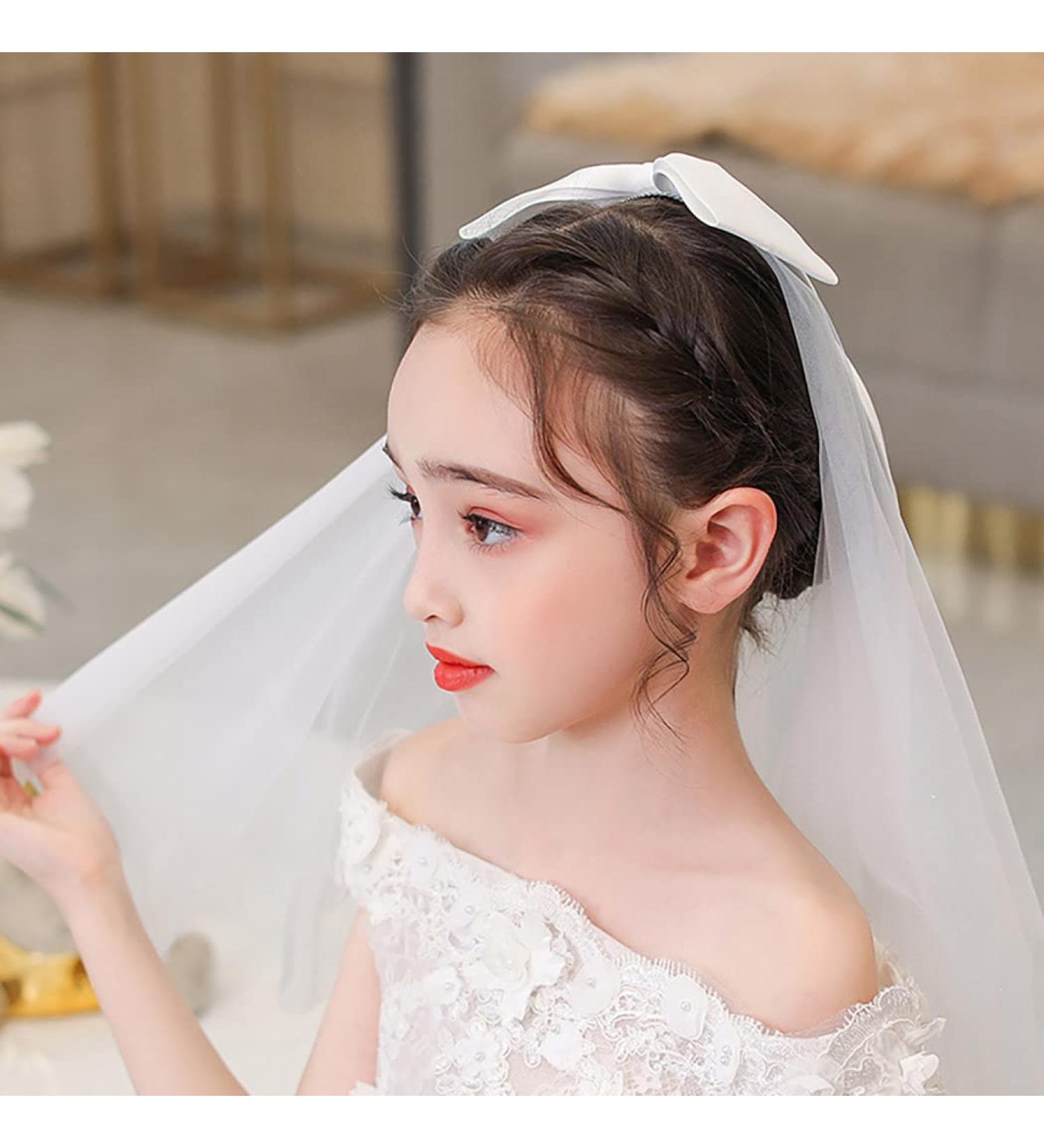 IYOU Communion Headpiece with Veil White Bowknot Hair Clips Flower Girl Birthday Wedding Hair Accessories for Flower Girls - Buy Online on GoSupps.com