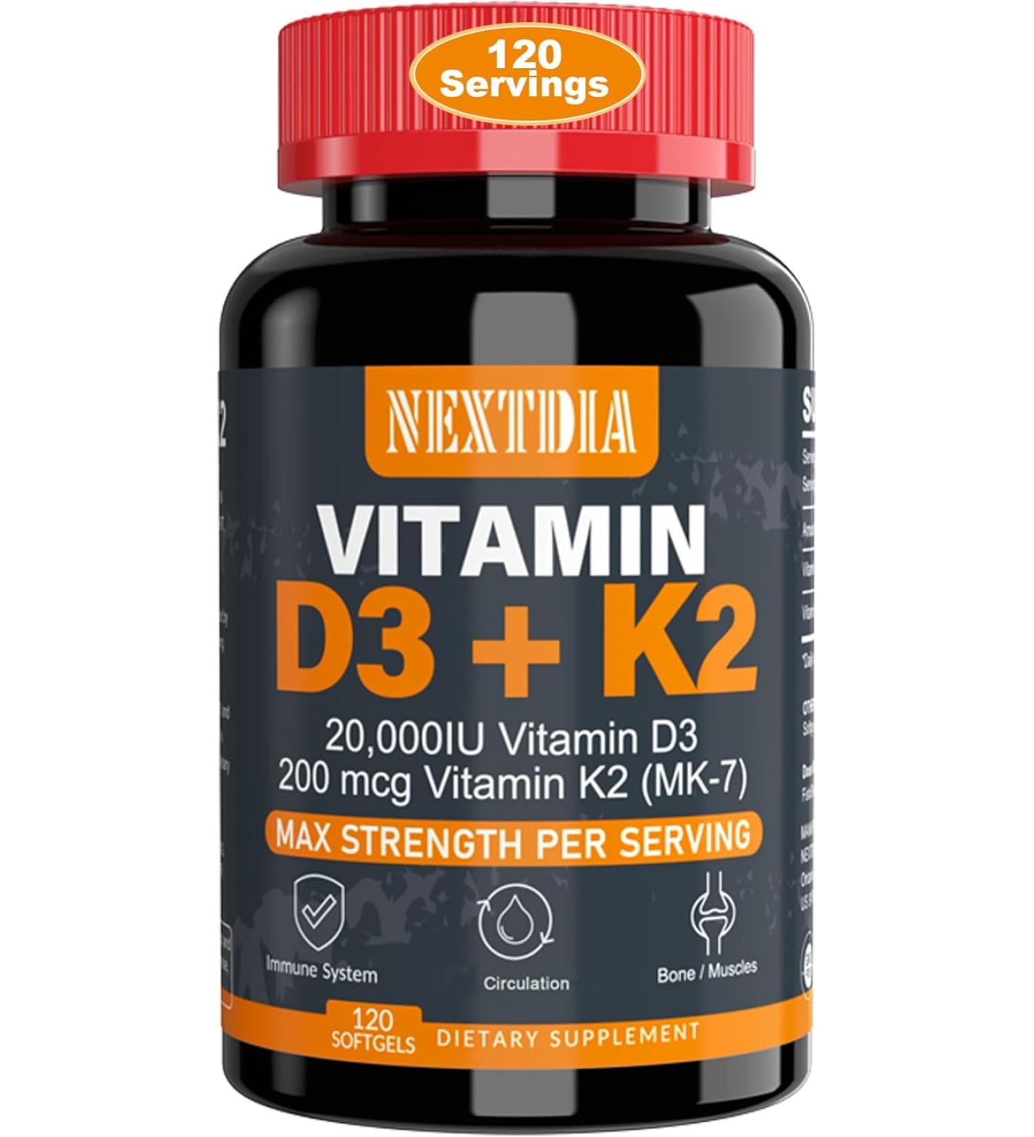 Nextdia Vitamin D3 20 000 IU + Vitamin K2 MK7 200mcg - 120 Count (Pack of 1) - Buy Online on GoSupps.com