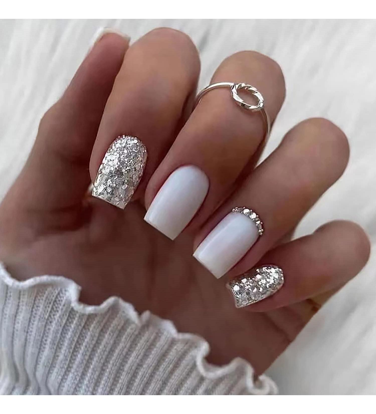 White Glitter Square Fake Nails - 24Pcs Short Acrylic Press On Nails for Women - Buy Online on GoSupps.com