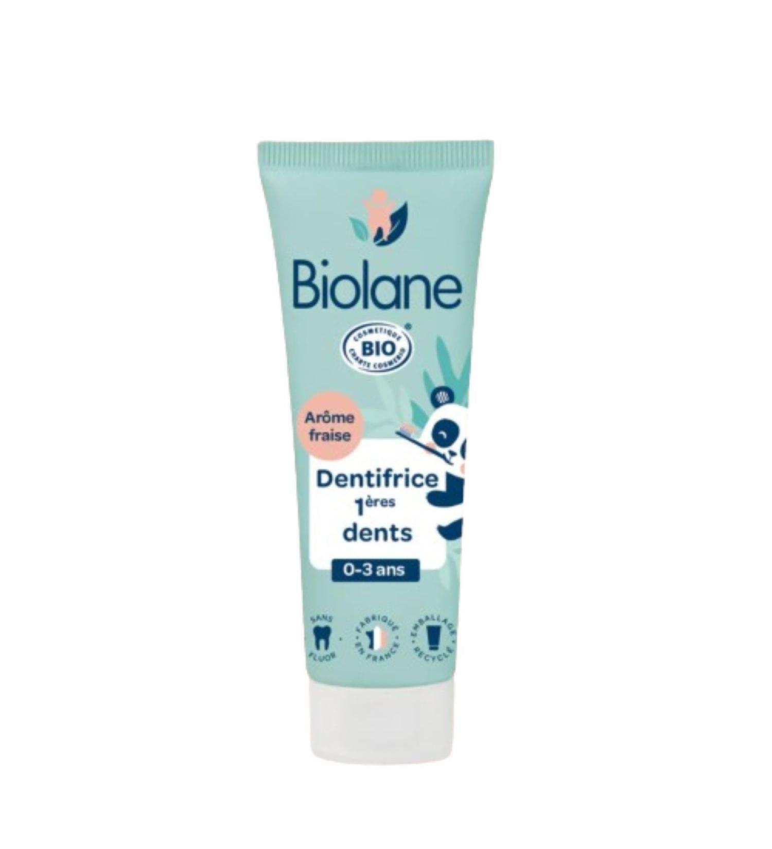 Biolane - Organic 2in1 Baby Toothpaste - Cleans the first teeth - Soothes teething - Fluoride-free - Strawberry flavor - Made in France - 50 ml - Buy Online on GoSupps.com