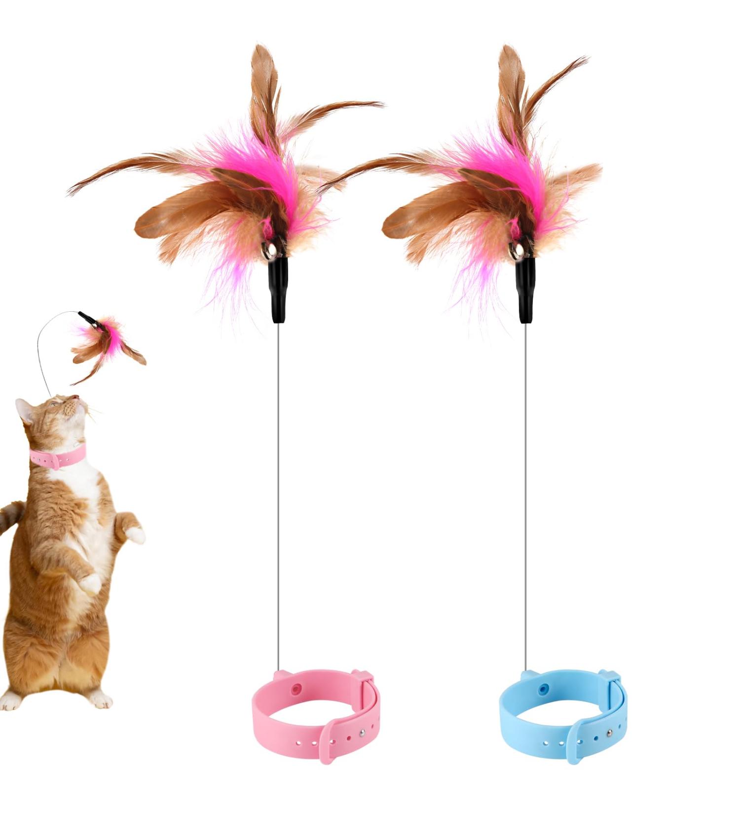 2pcs Cat Collar Toy Silicone Cat Teasing Wand Adjustable Cat Feather Collar Toys with Bell Cat Interactive Teaser Toys for Indoor Cat Playing Training (Pink Blue) - Buy Online on GoSupps.com