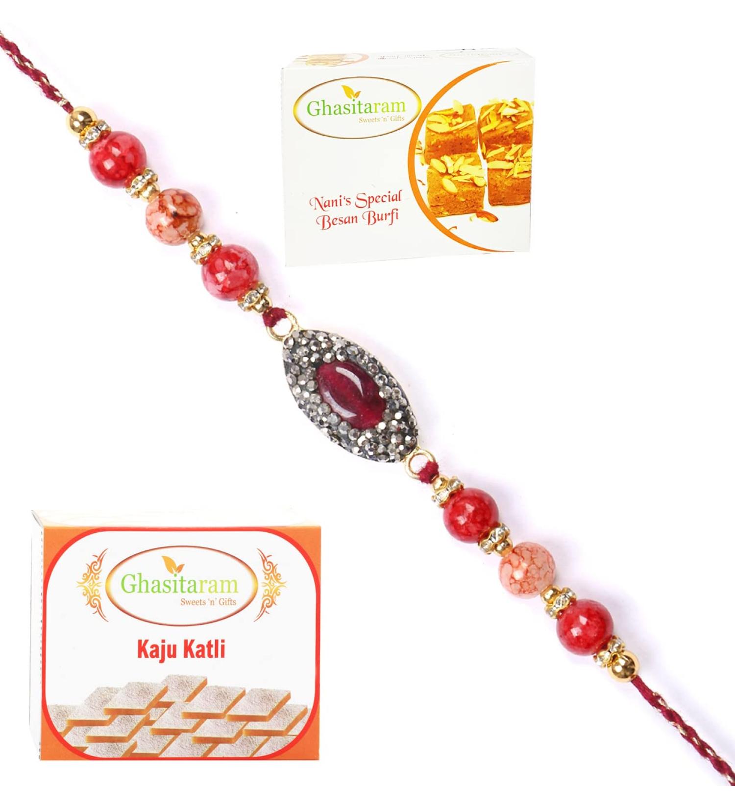 Ghasitaram Gifts Rakhi for Brother Rakhis Online - RM-715 Premium Rakhi with 200 GMS of Besan Barfi and 200 GMS of Kaju Katli Rakhi with 200 gms of Besan Barfi & Kaju Katli - Buy Online on GoSupps.com