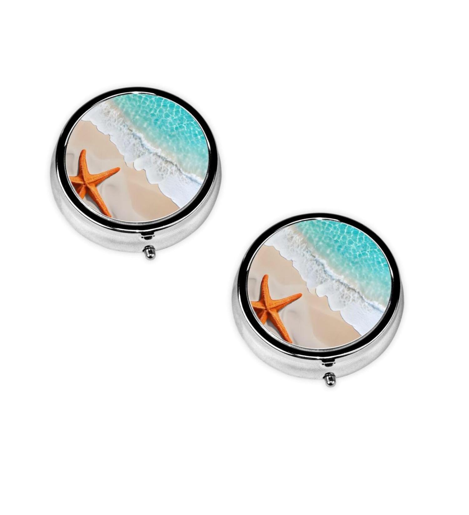 Beach Starfish Round Pill Box - 3 Compartment Mini Decorative Travel Organizer for Vitamins & Medications - Buy Online on GoSupps.com