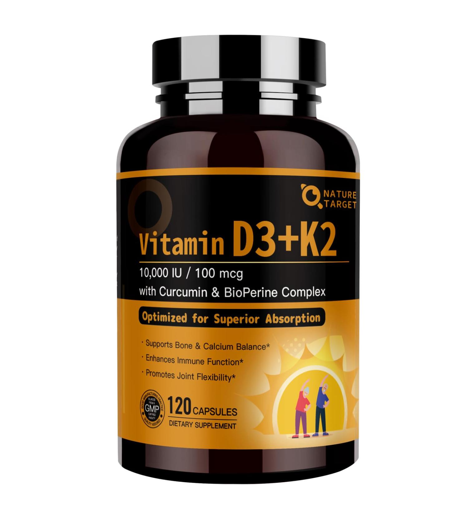 NATURE TARGET Vitamin D3 K2 High-Potency 10 000 IU D3 100 mcg K2(MK-7) Supplement with MCT Most Absorbable Synergy Formula Supports Bone Calcium & Immune Health 120 Capsules 120 Count (Pack of 1) - Buy Online on GoSupps.com