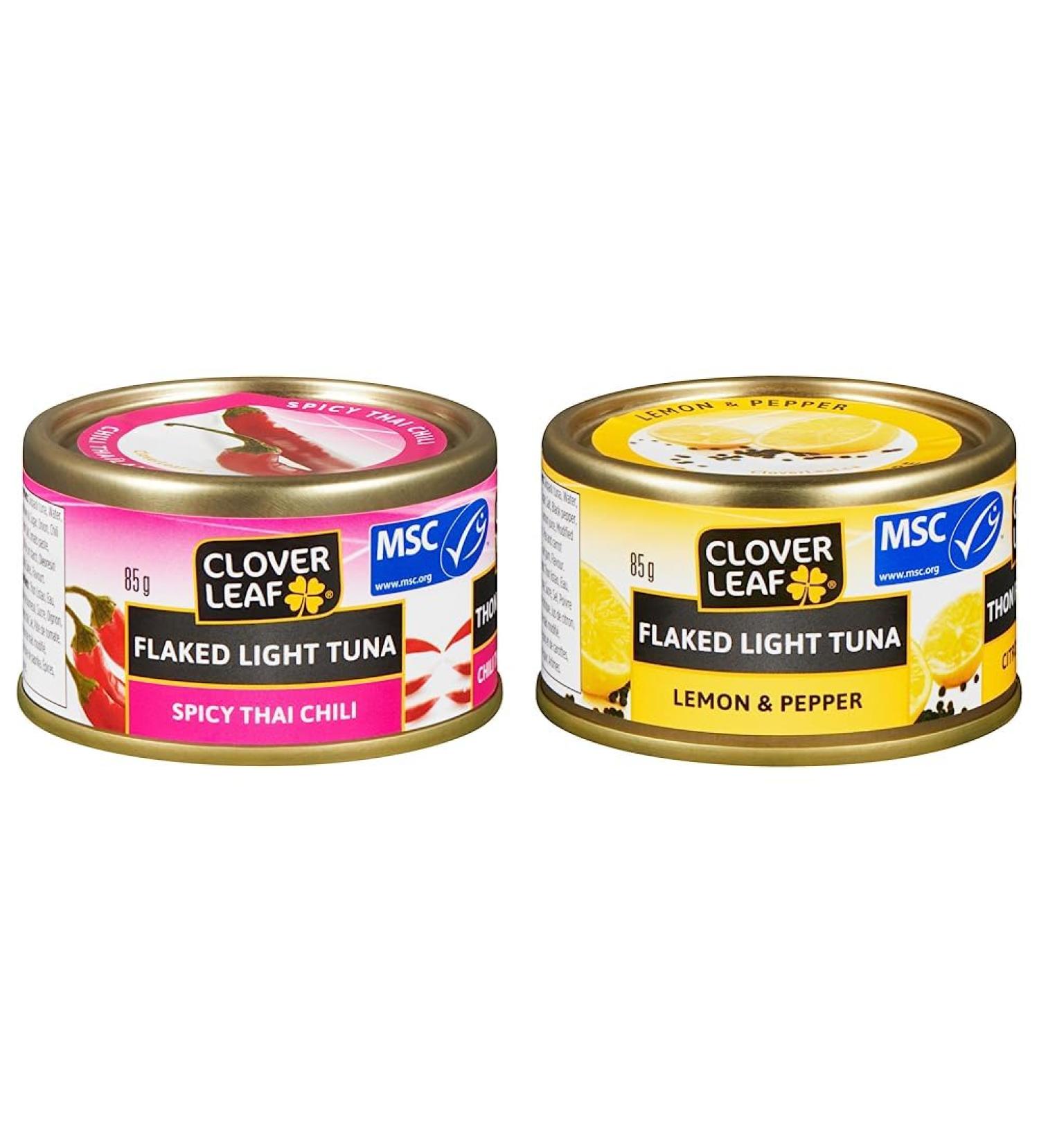 Clover Leaf Flake Light Tuna Spicy Thai Chili - 85g 24 Count & Flaked Light Tuna Lemon & Pepper - 85g 24 Count - Canned Tuna - Flavoured Tuna - 18g of Protein Per 85g Serving - Buy Online on GoSupps.com