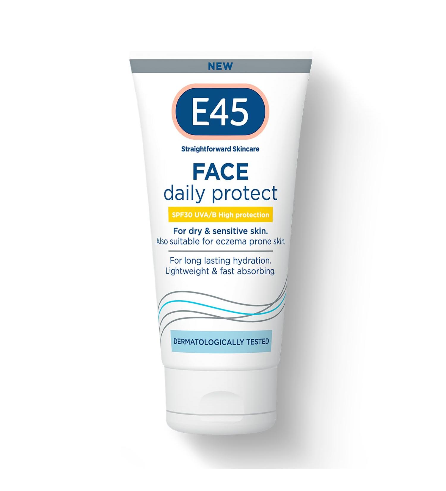 E45 SPF 30 Face Moisturiser for Dry, Sensitive, and Eczema Prone Skin - Hydrating SPF Day Cream 50ml - Buy Online on GoSupps.com