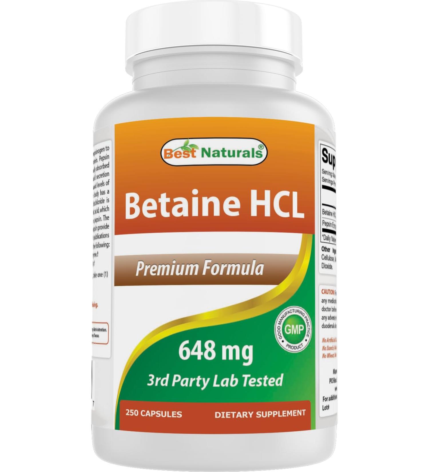 Best Naturals Betaine HCL 648 mg 250 Capsules - Buy Online on GoSupps.com