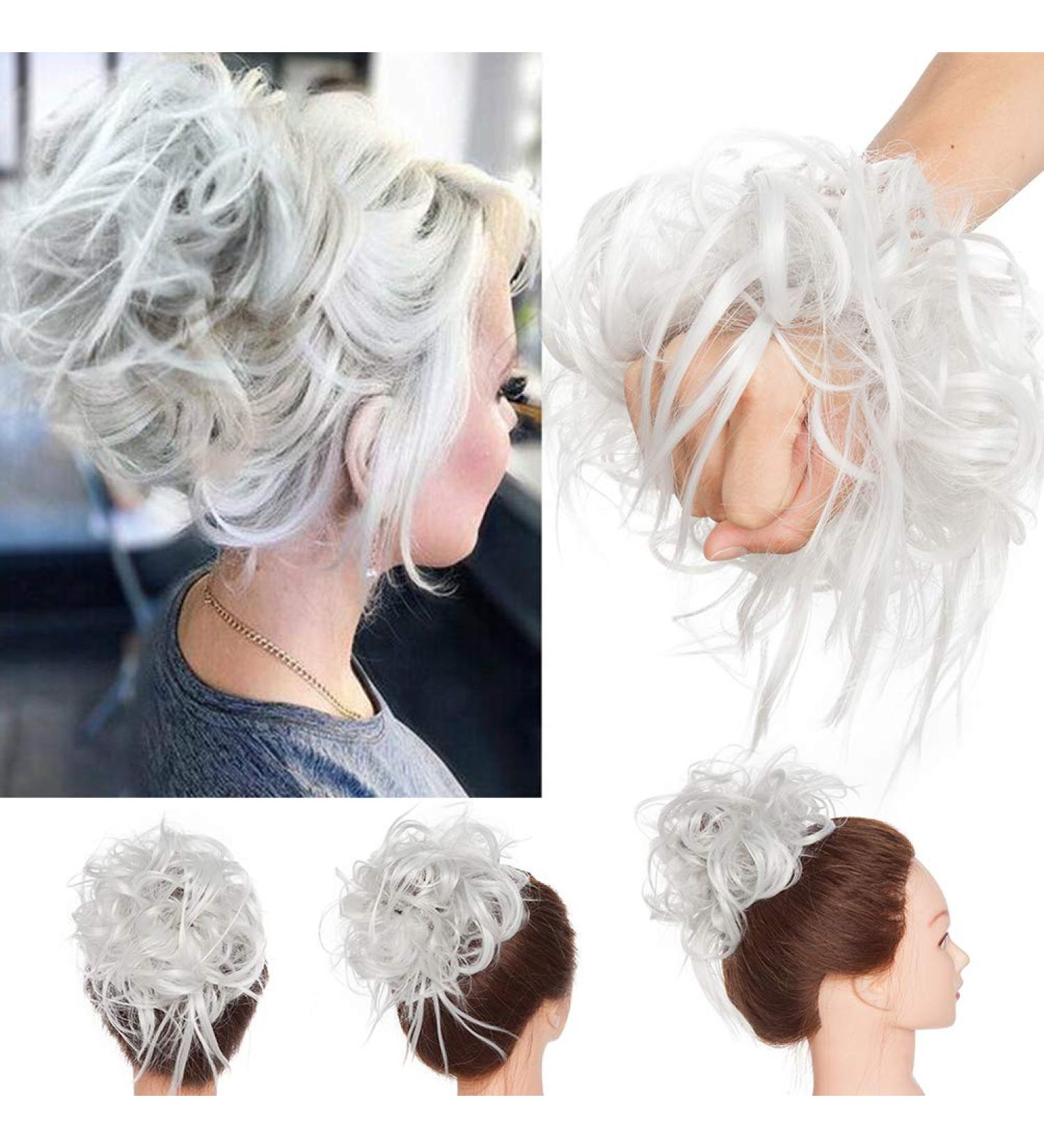 Tousled Updo Messy Bun Hair Extension - Silver Gray Synthetic Wavy Hairpiece for Women - Buy Online on GoSupps.com