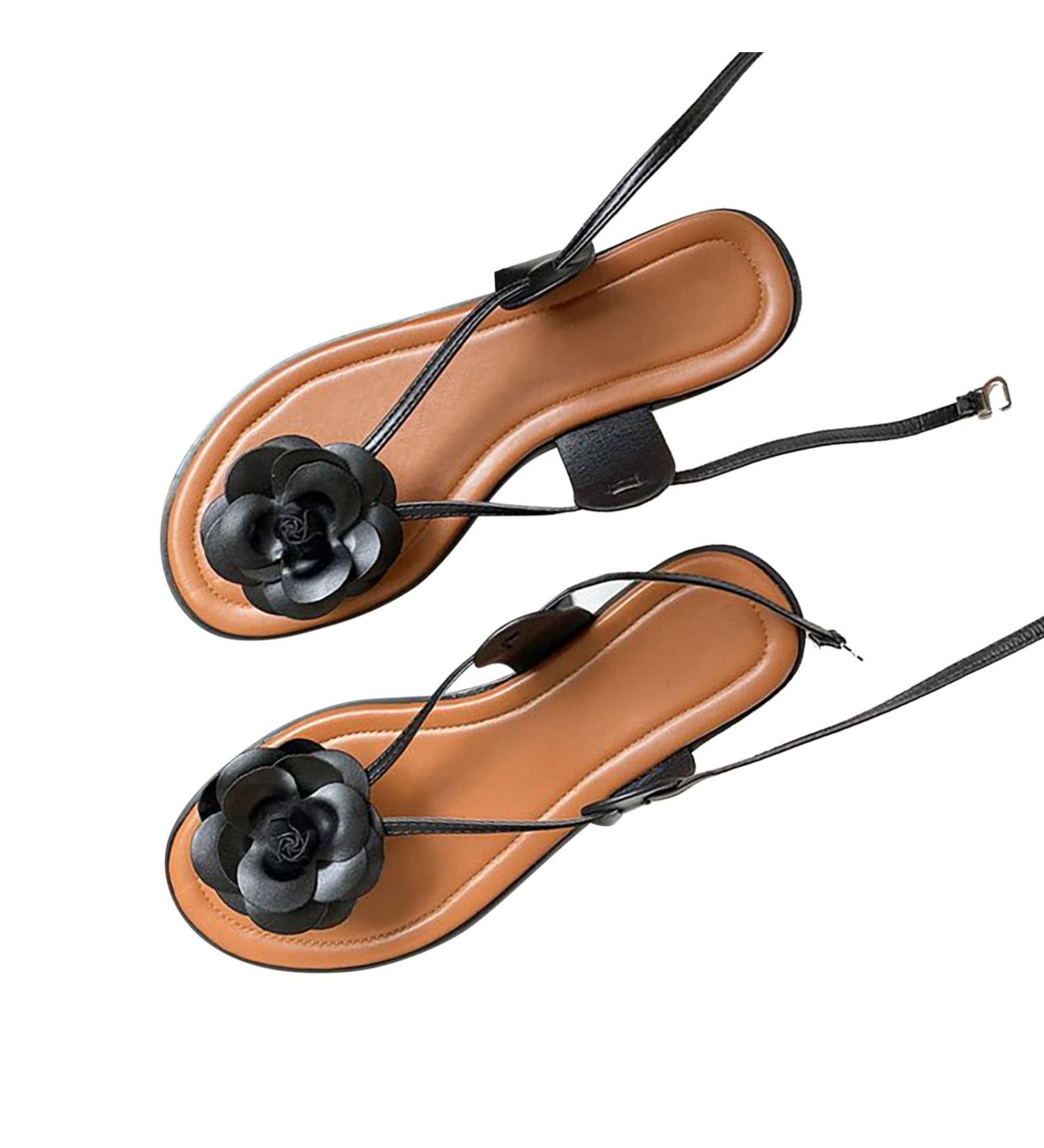 Elegant Black Flat Sandals for Summer - Non-Slip Soft Sandals with Artificial Flower | Size 38 EU - Buy Online on GoSupps.com
