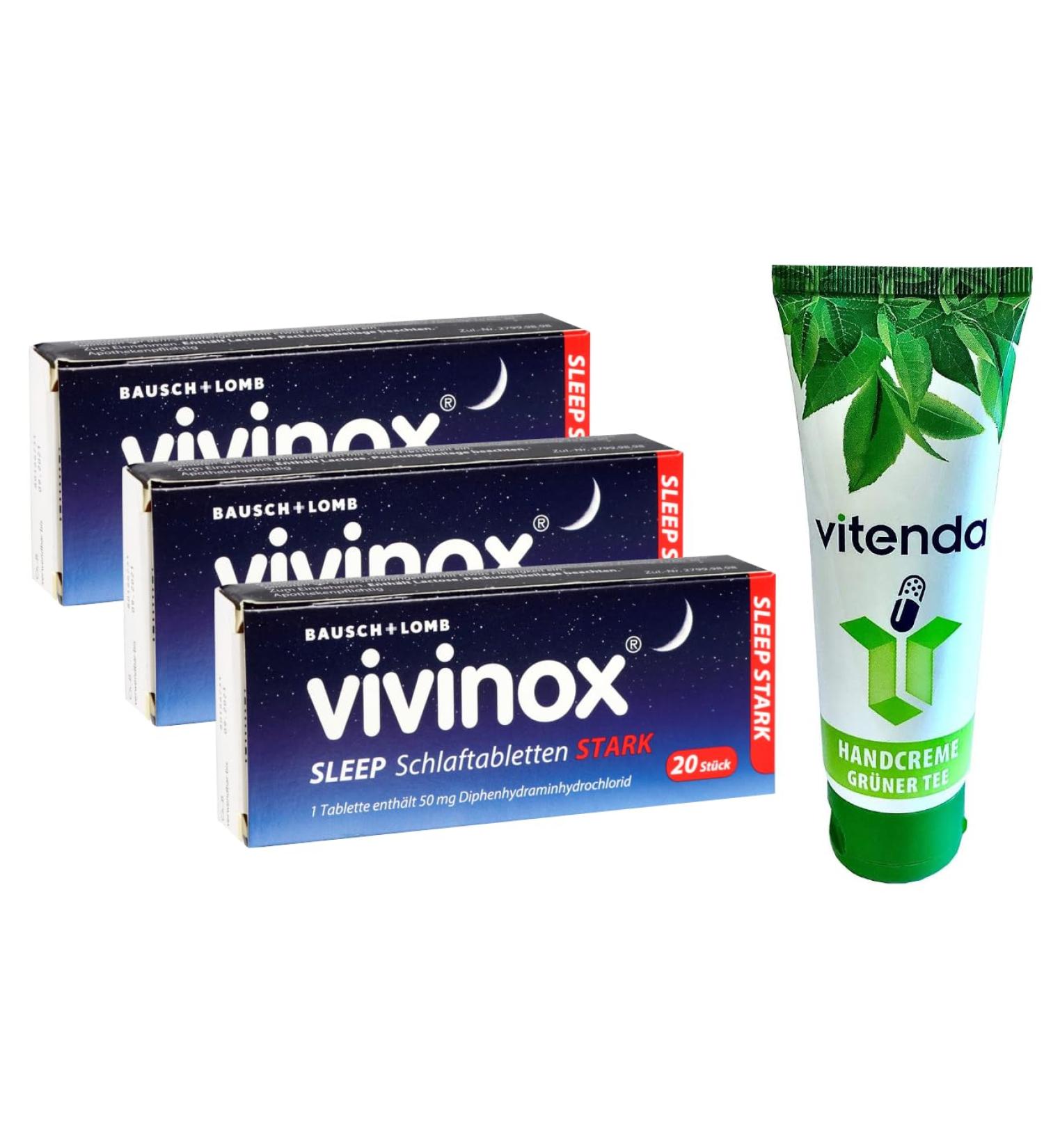 VIVINOX Sleep Tablets - Strong 3x20 for Sleep Difficulties + Vitenda Hand Cream | 60 Tablets - Buy Online on GoSupps.com
