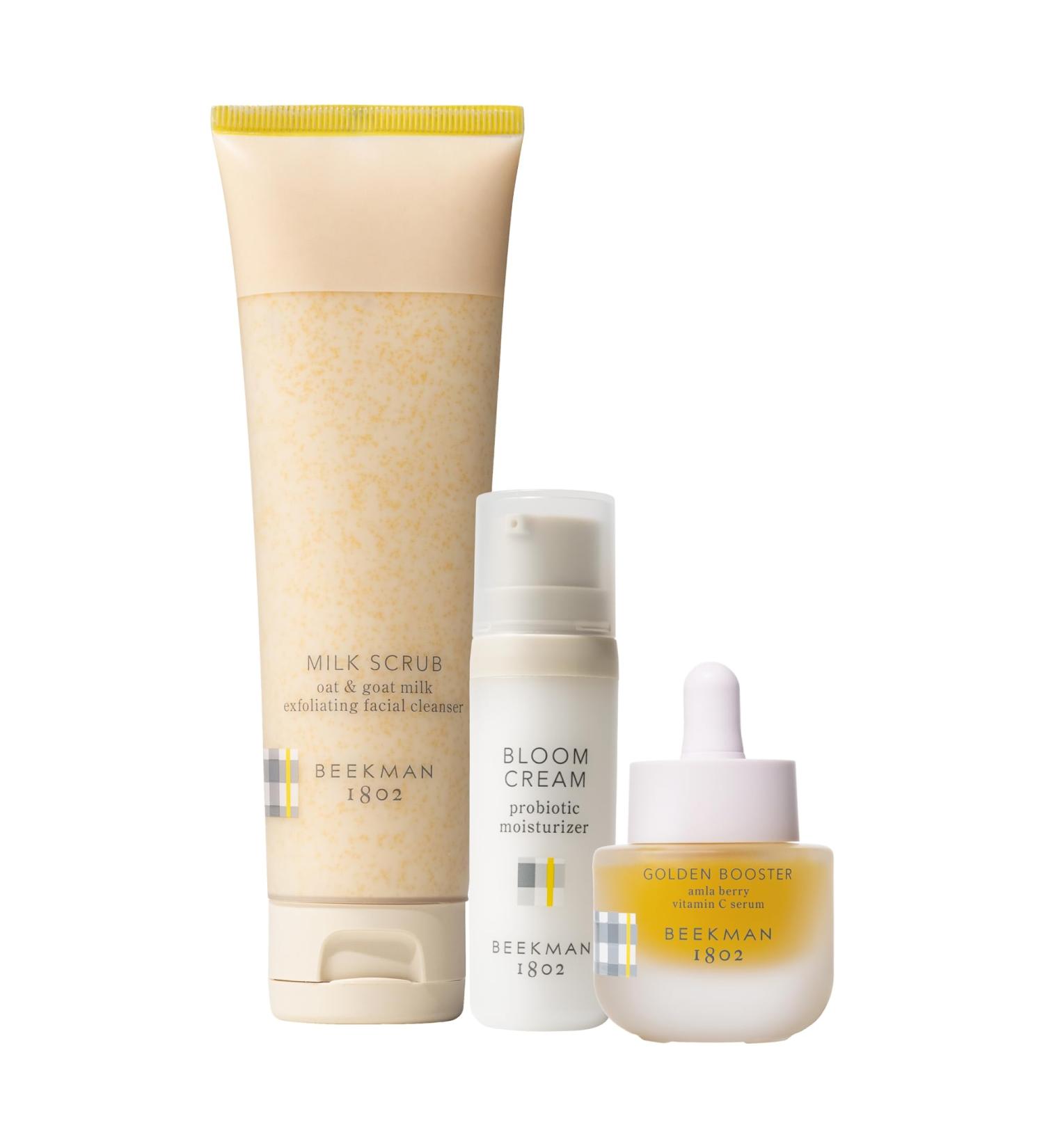 Beekman 1802 Brighter Days Skincare Routine Set - 3-Piece for Sensitive Skin | Illuminates Smooths & Boosts Skin Health - Fragrance Free & Clinically Kind - Buy Online on GoSupps.com