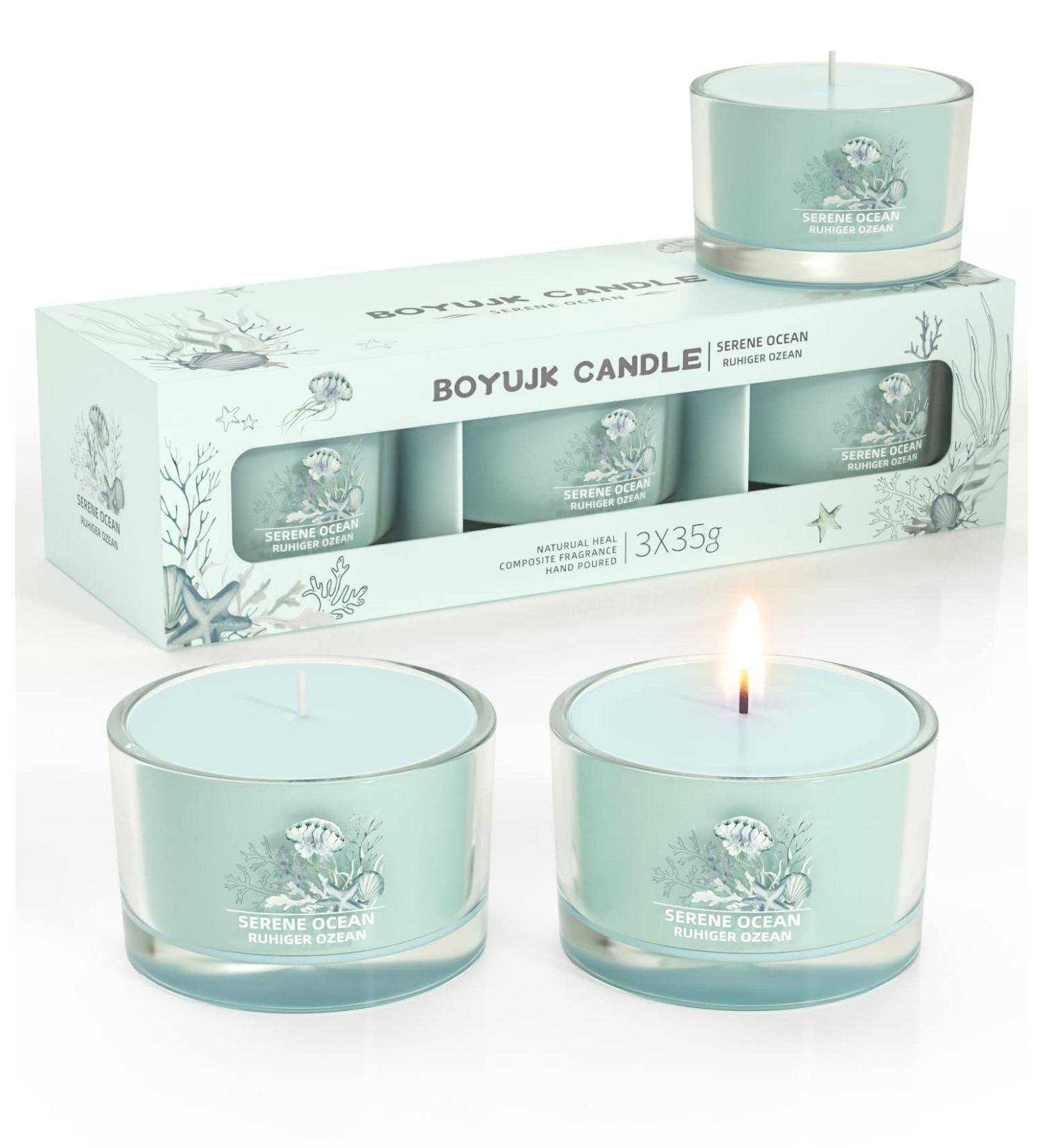 Seren Ocean Scented Candle Gift Set | Anxiety Relief | Relaxation Gifts for Women/Men | 3 Votive Candles - Buy Online on GoSupps.com