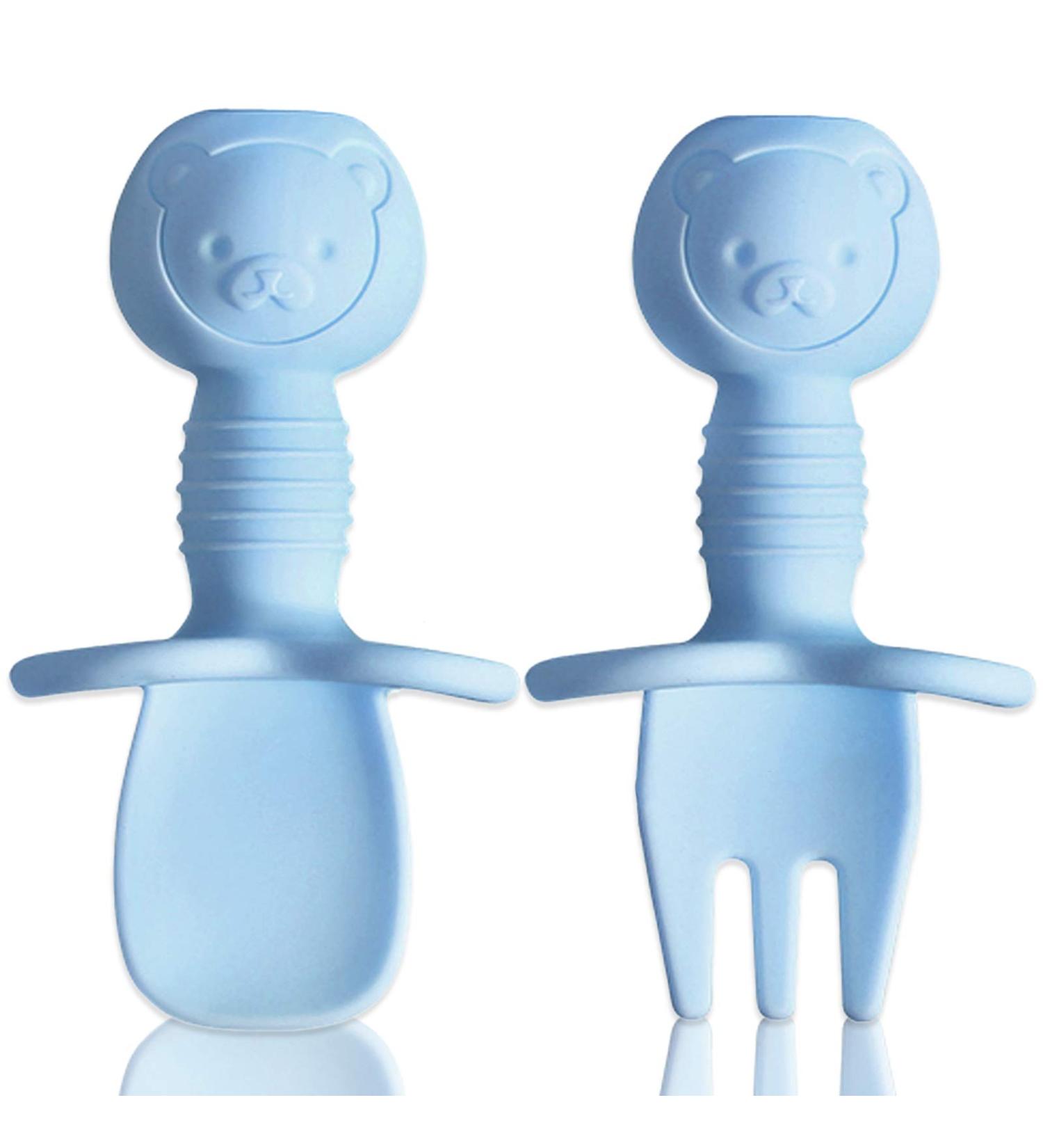 Baby Silicone Utensils Set for Self-Feeding | Anti-Choke Barrier | Baby Led Weaning | 6 Months+ | Blue/Light Blue - Buy Online on GoSupps.com