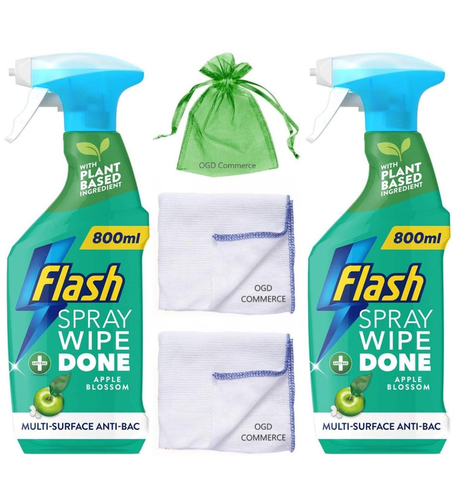 Flash Sparkling Home Spray Wipe Done 800ml Antibacterial Multi-Surface Cleaner Apple Blossom Scent 2 Pack + 2 x Cleaning Cloth + Organza Small Bag - Buy Online on GoSupps.com