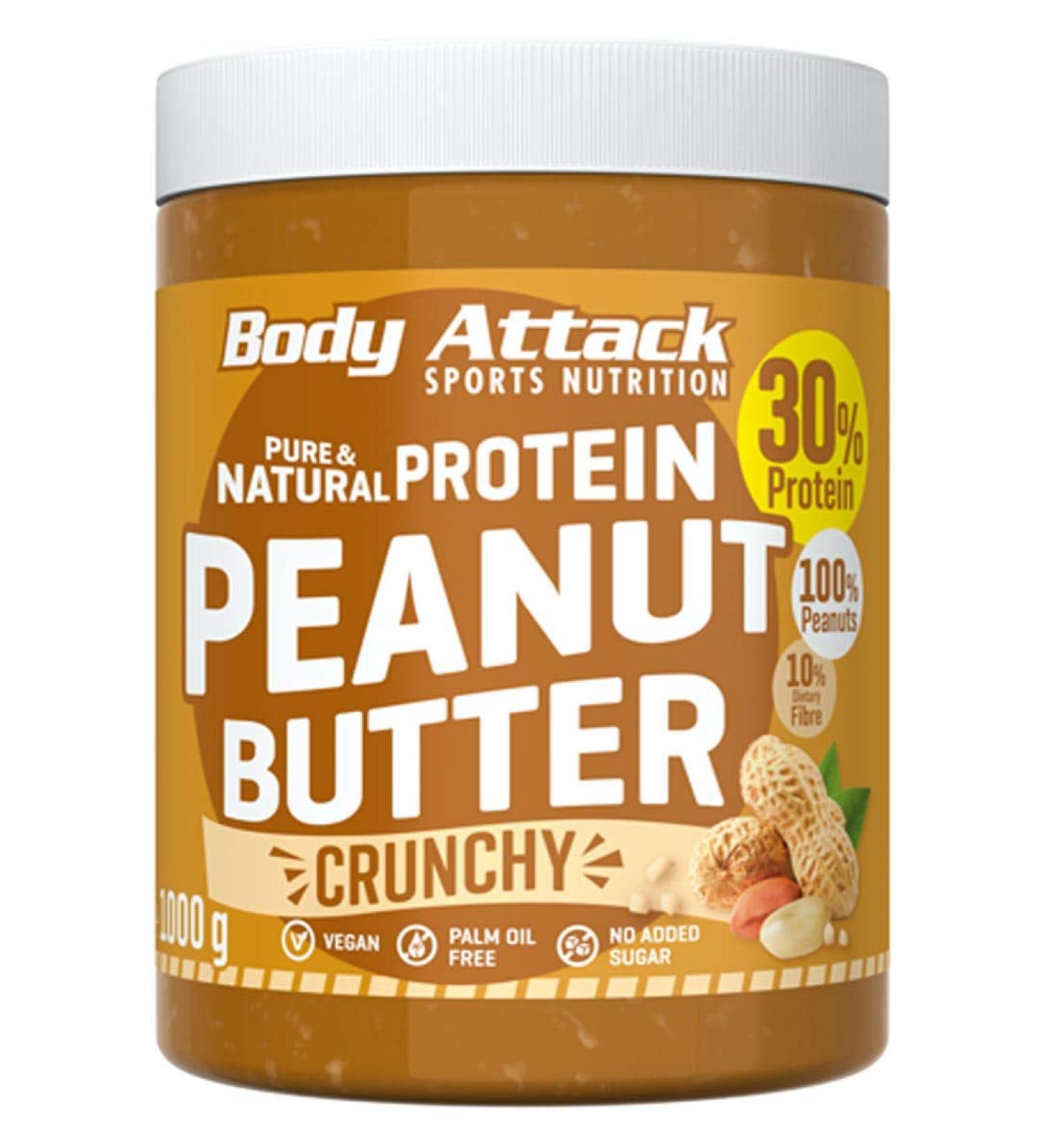 Body Attack Crunchy Vegan Peanut Butter 1kg - Natural Low Sugar 30% Protein No Salt or Palm Fat - Buy Online on GoSupps.com