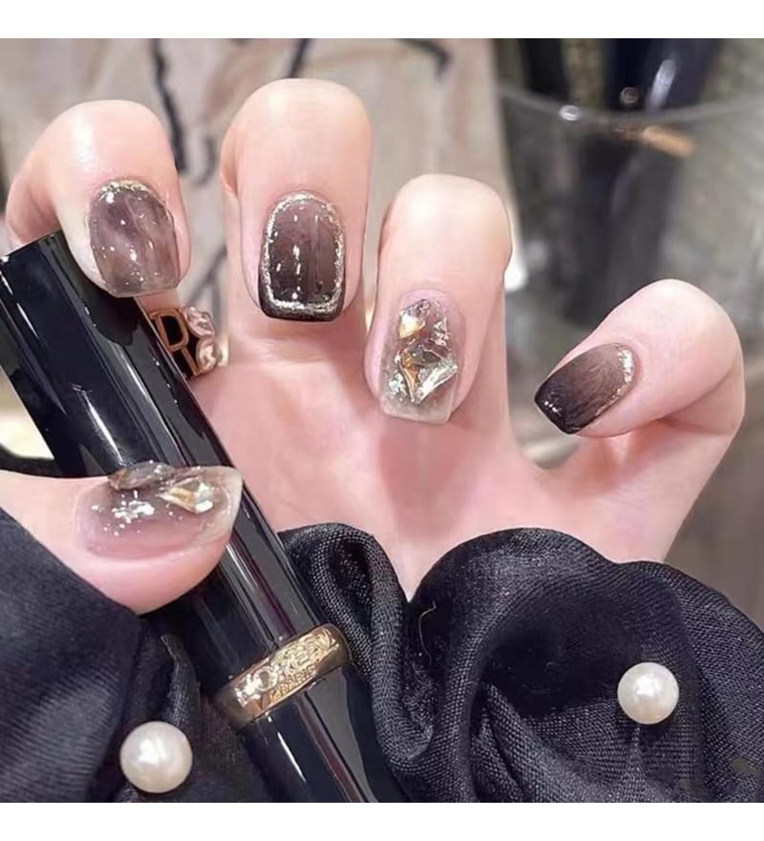 24Pcs/Set Press On Nails Short Black Gold Foil Diamond False Nails Acrylic Fake Nails Full Cover Nails Tips Artificial Finger Manicure Press on nails for Women and Girls - Buy Online on GoSupps.com