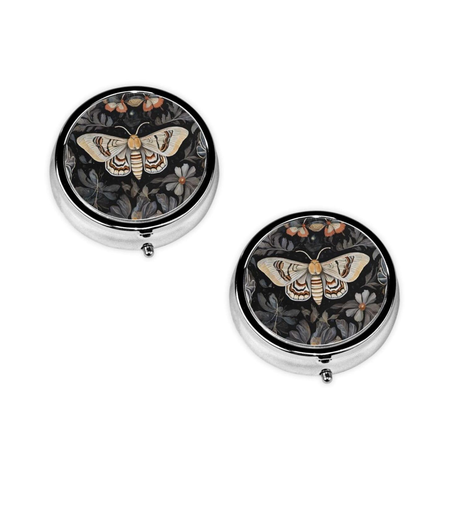 Beautiful Moth Printed Mini Round Pill Box | 3 Compartment Travel Pill Organizer | Portable Medicine Case for Home & Office - Buy Online on GoSupps.com