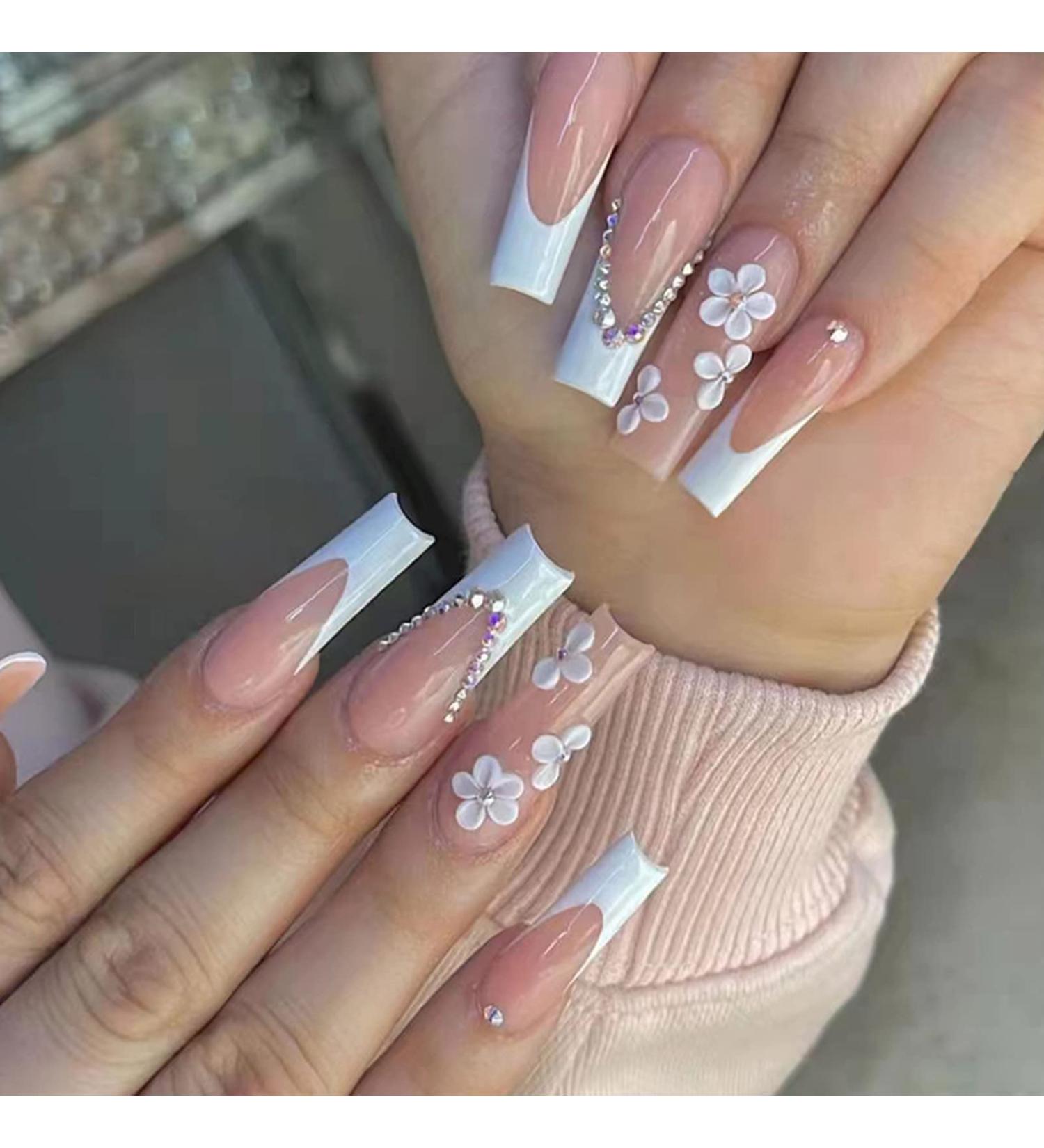 French Long Pink Coffin Fake Nails with Flower and Rhinestones - 24pcs | Press on Nail with Jelly Stickers | Ballerina Nail Tips for Women Girls - Trendy Nail Decor - Buy Online on GoSupps.com