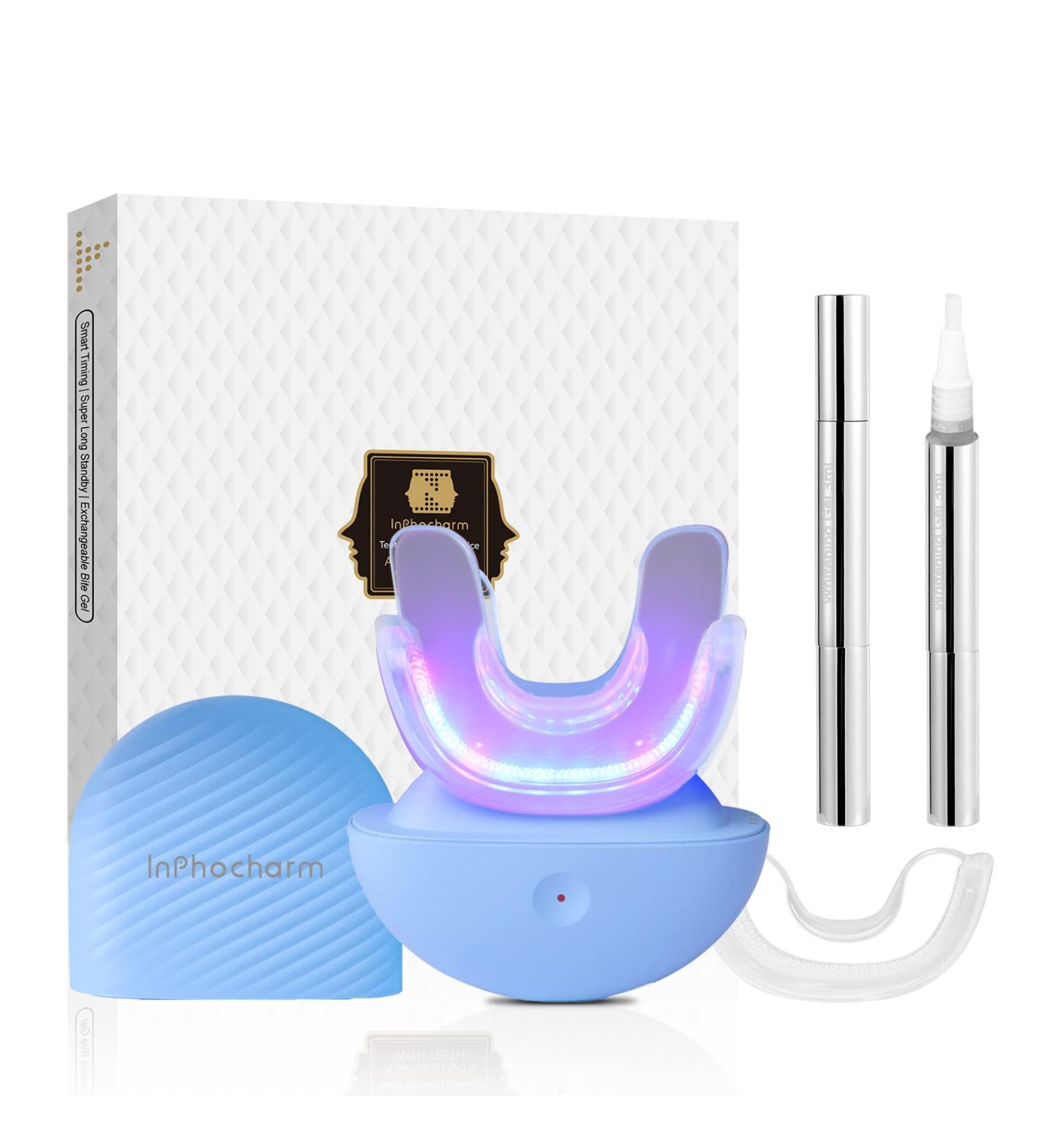 InPhocharm Teeth Whitening Kit - 24X LED Lights, Rechargeable & Wireless, Fast Non-Sensitive Whitening, 2 Gels, Remove Coffee/Wine Stains (Blue) - Buy Online on GoSupps.com