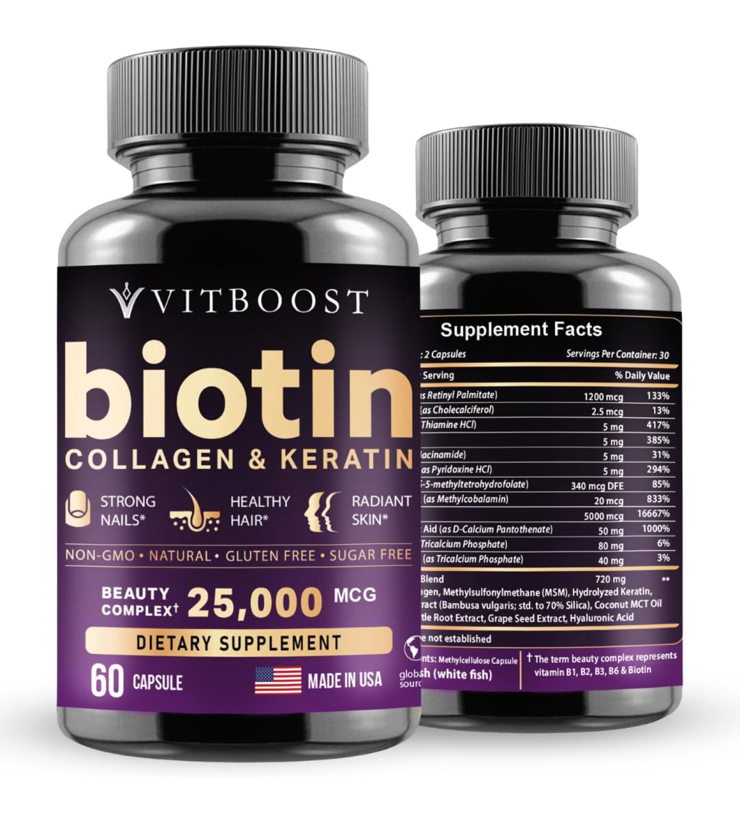 VITBOOST Biotin with Hyaluronic Acid Collagen and Keratin 25000 mcg Hair Growth Vitamins for Men and Women Nails and Skin USA Made - Third Party Tested B1 B2 B3 B6 B7 Complex - 60 Capsules - Buy Online on GoSupps.com